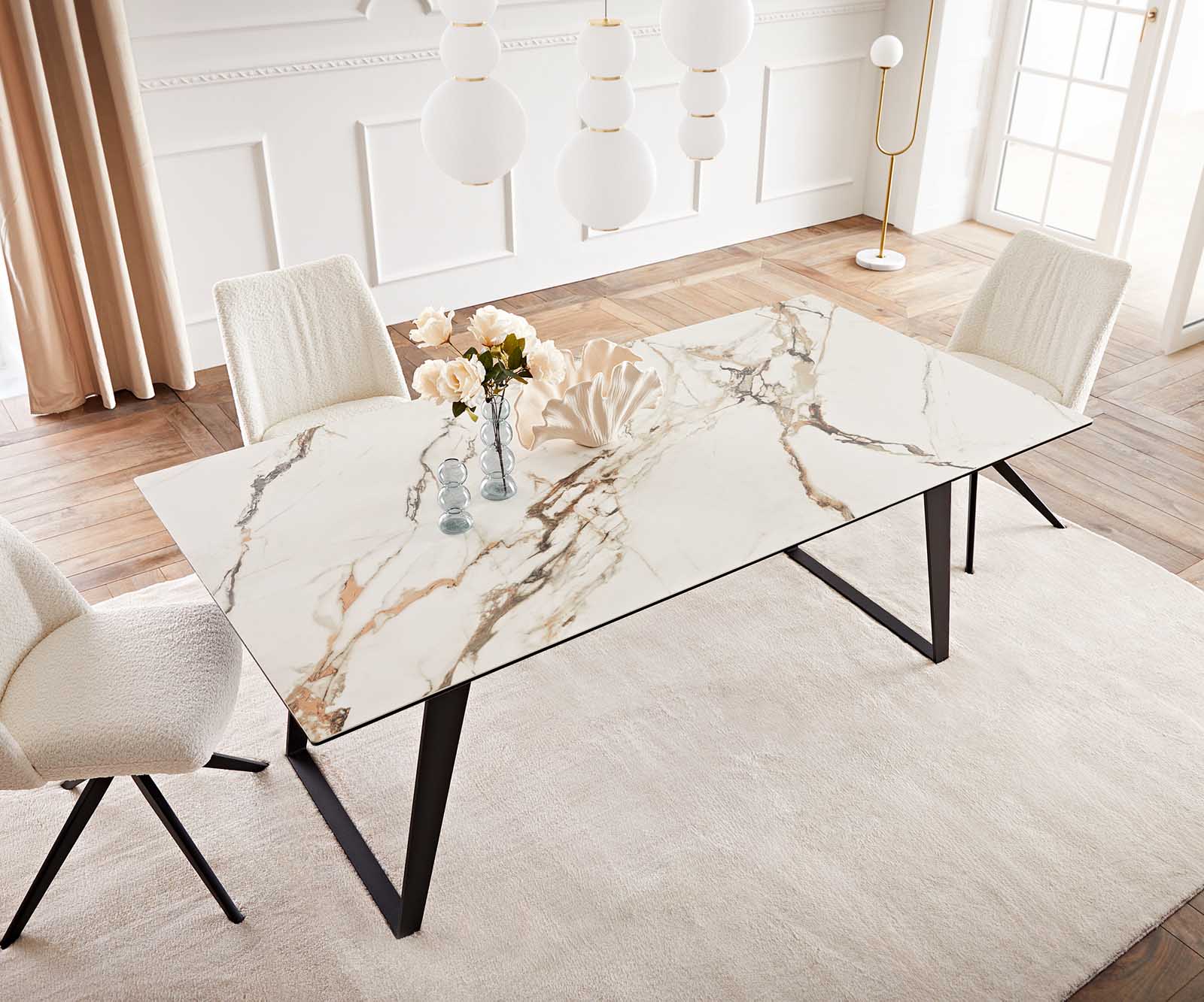 Esstisch Edge 200x100 Keramik Calacatta Luxe Weiß-Gold-Grau Metall Schräg Schwarz 5