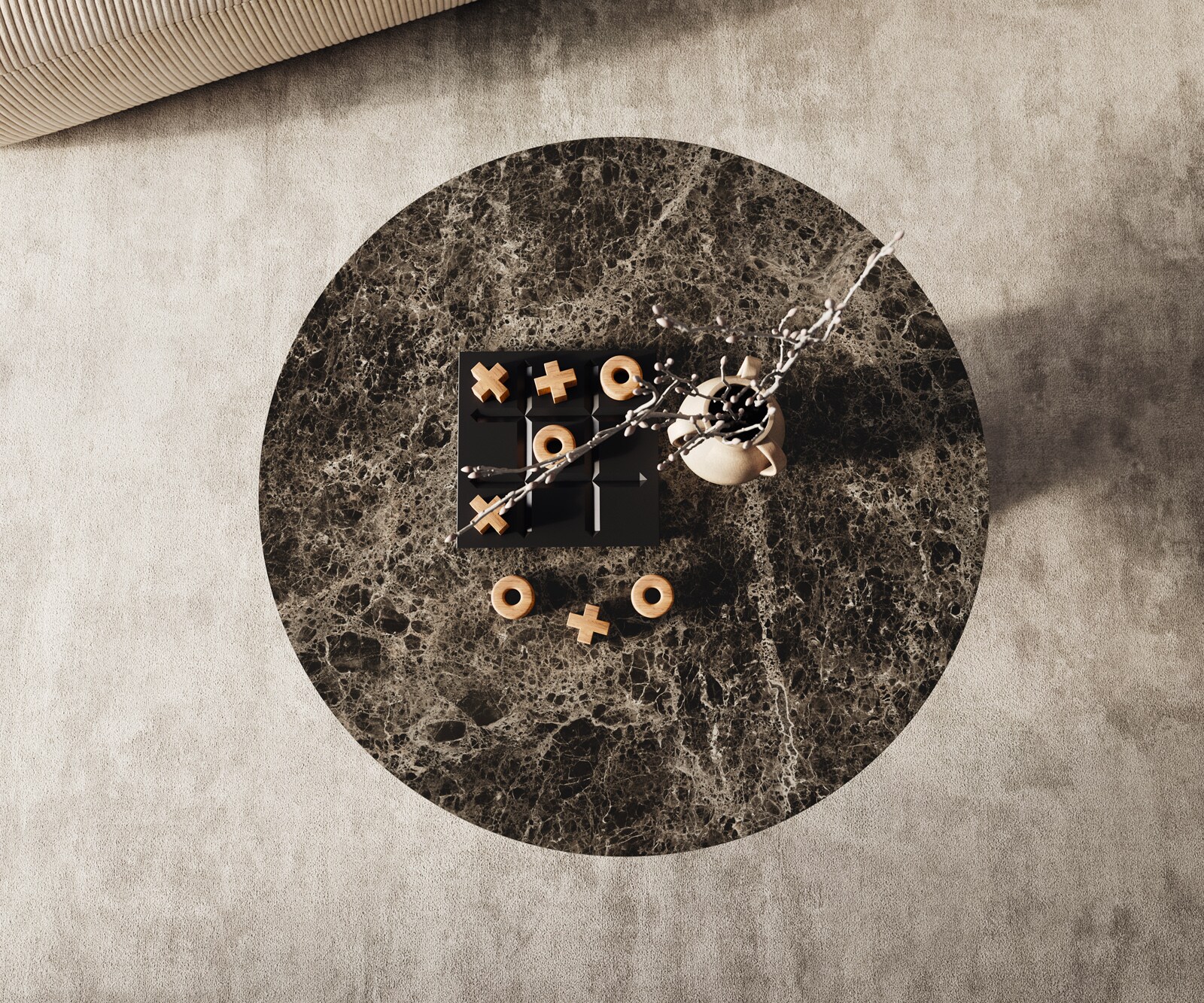 Couchtisch Edge Rund 90x90 cm Keramik Laminam® Emperador Extra Lucidato Dunkelbraun Conis Metall Schwarz 1