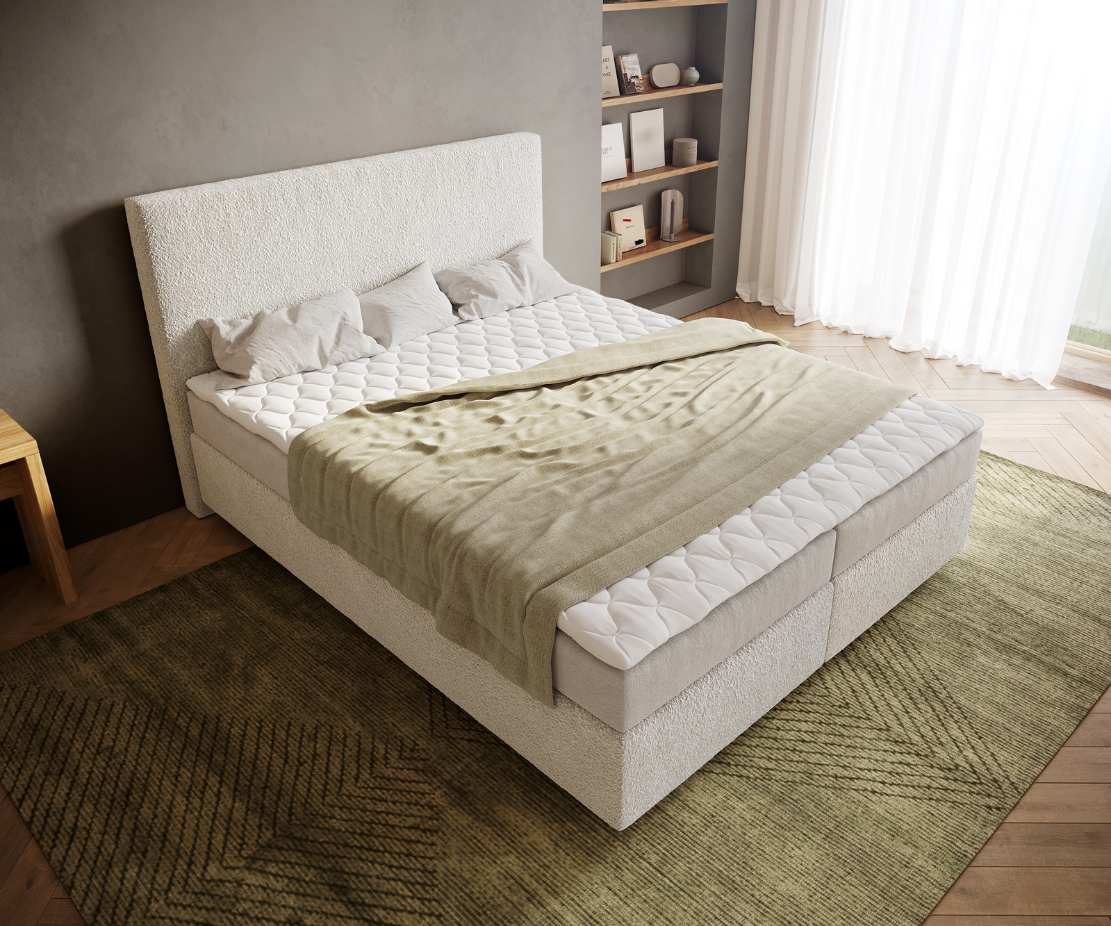 Boxspringbett Dream-Well 160x200 cm Bouclé Creme-Weiß mit Matratze und Topper 3 Boxspringbett Dream-Well 160x200 cm Bouclé Creme-Weiß mit Matratze und Topper 3
