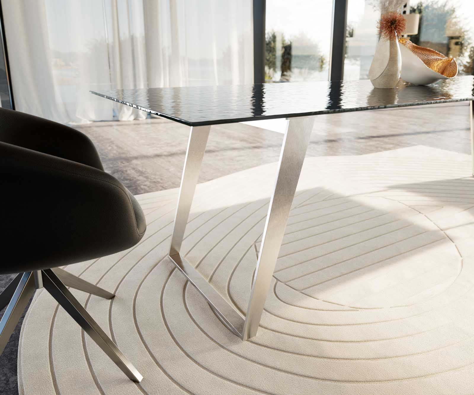 Esstisch Edge 300x100 Reliefglas Rauchschwarz 3D-Design Edelstahl Schräg 5