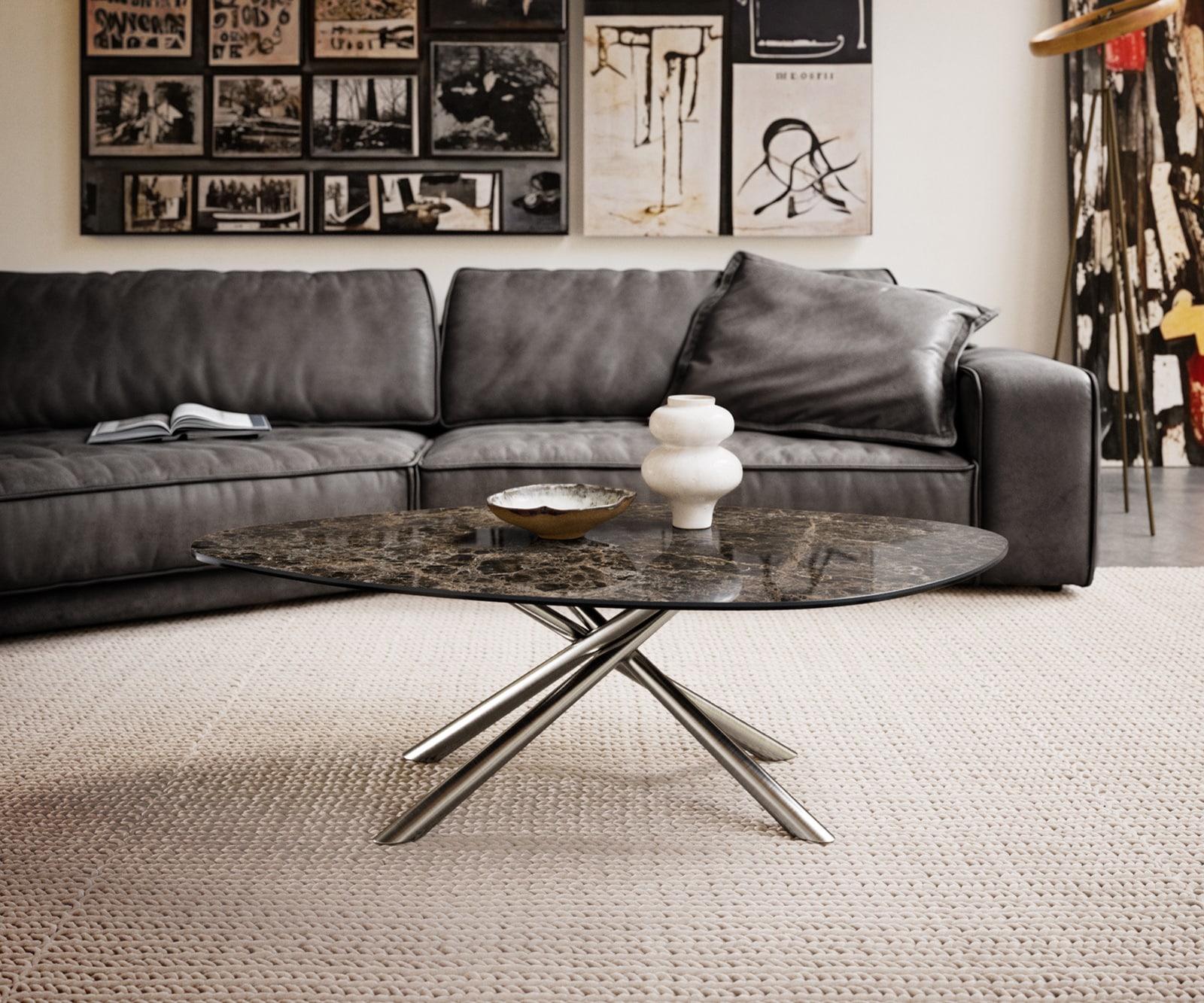 Couchtisch Edge Organisch 140x76 cm Keramik Emperador Extra Lucidato Dunkelbraun Sarity Edelstahl gebürstet 1