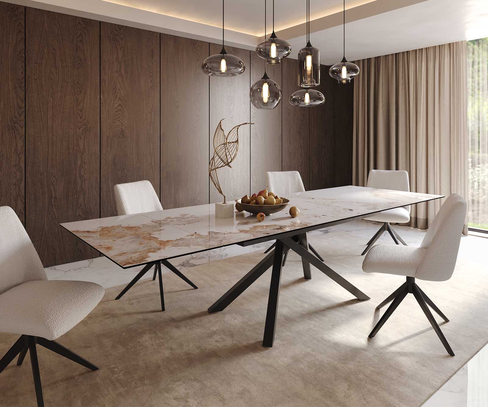 Esstisch Edge 200-300x100 Keramik Minas Melange Weiß-Beige Kreuzgestell Rechteck Schwarz ausziehbar