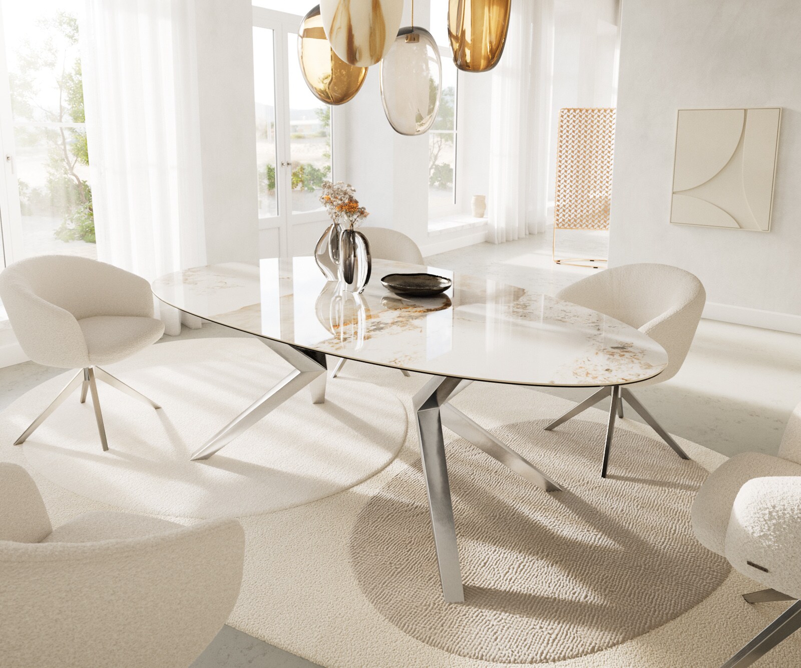 DELIFE Esstisch Edge Oval 220x120 Keramik Minas Melange Weiß-Beige Zenthara kantig Edelstahl