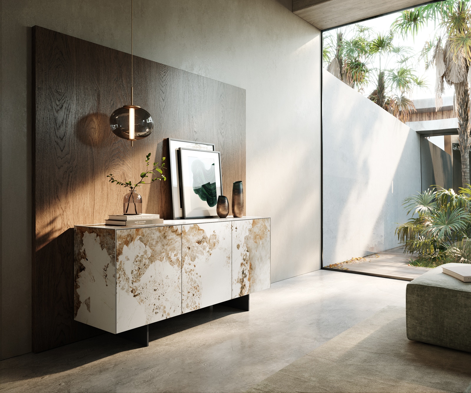 Sideboard Cuor 150 cm Keramik Minas Melange Weiß-Beige 3 Türen Fuß Schwebeoptik Metall Schwarz 1