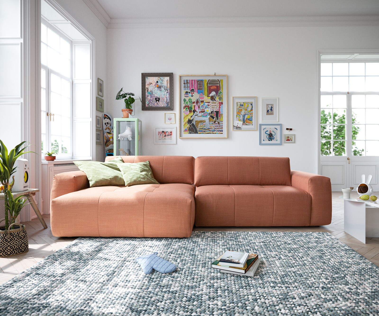 Ecksofa Lazaro 300x160 cm Flachgewebe Orange Ottomane links mit Sitztiefenverstellung 1
