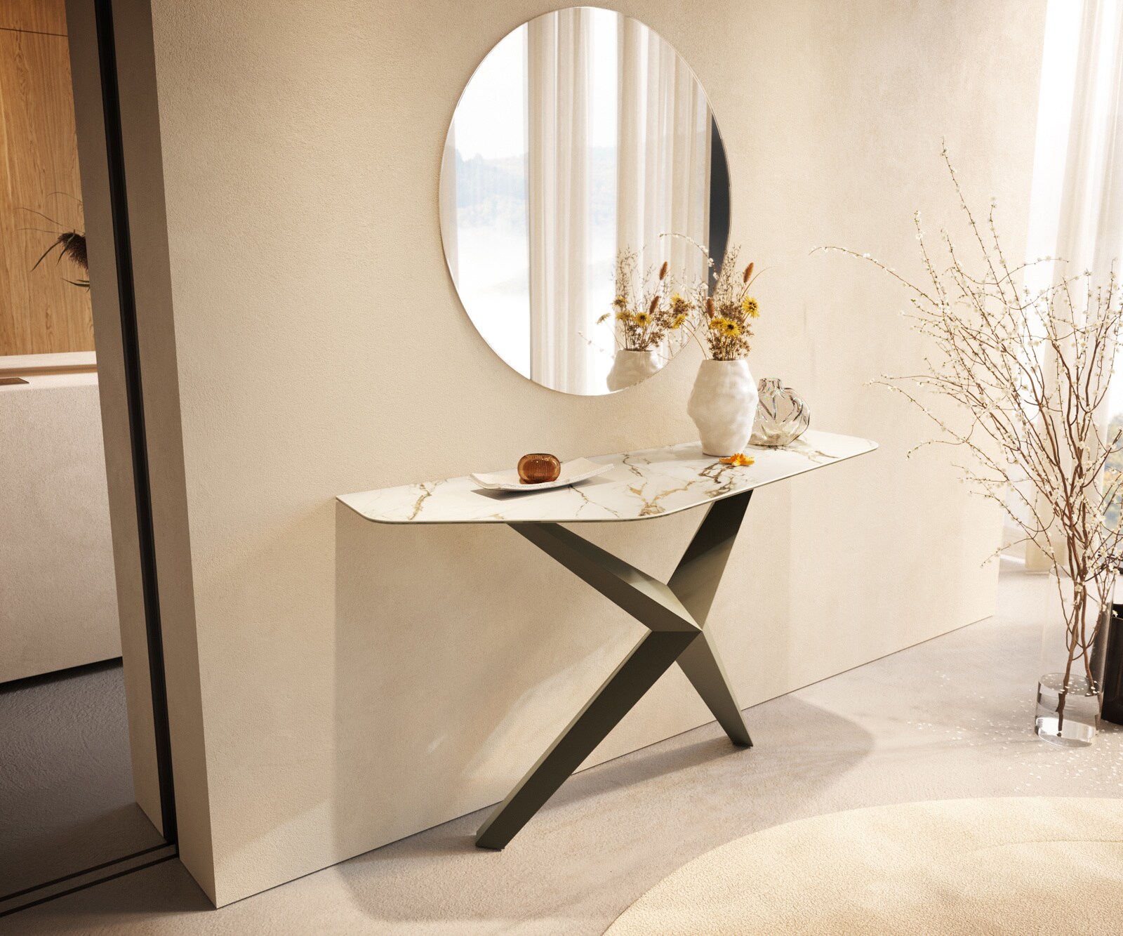 Konsolentisch Edge Polygonal 140x50 cm Keramik Calacatta Luxe Weiß-Gold-Grau Zentharo Metall Effektfinish Titan 4