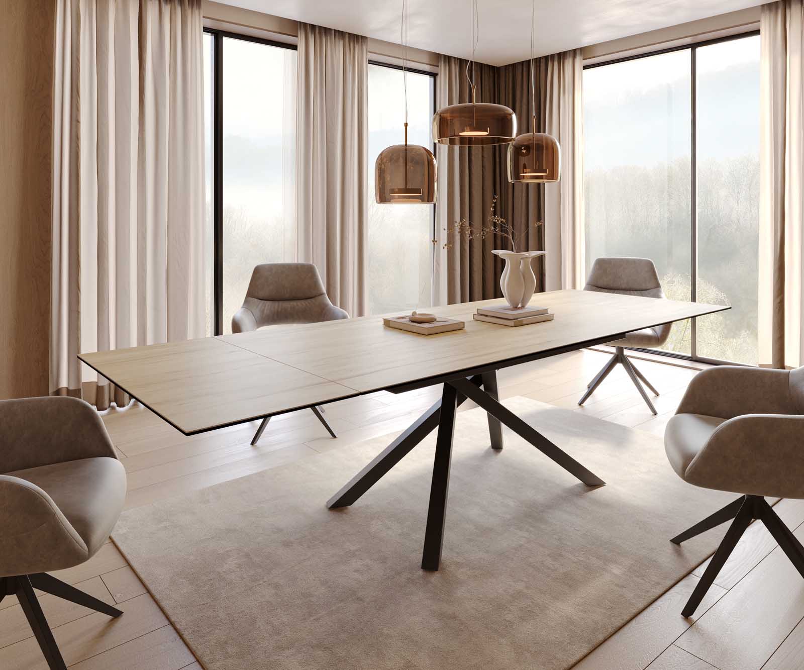 Esstisch Edge 200-300x100 Keramik Laminam® Sabbia Eichefarbig Kreuzgestell Rechteck Schwarz ausziehbar Esstisch Edge 200-300x100 Keramik Laminam® Sabbia Eichefarbig Kreuzgestell Rechteck Schwarz ausziehbar