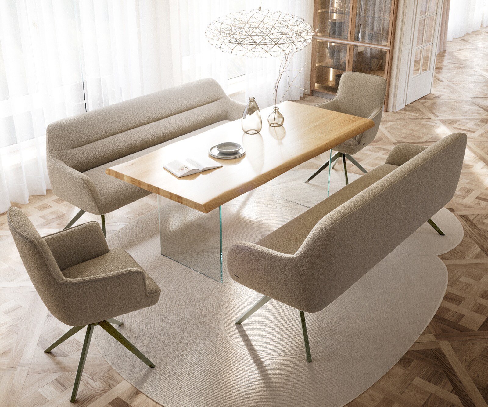 Esszimmerbank Taya-Flex 200 cm Bouclé Schlamm Kreuzgestell kantig Effektfinish Titan Taschenfederkern 4