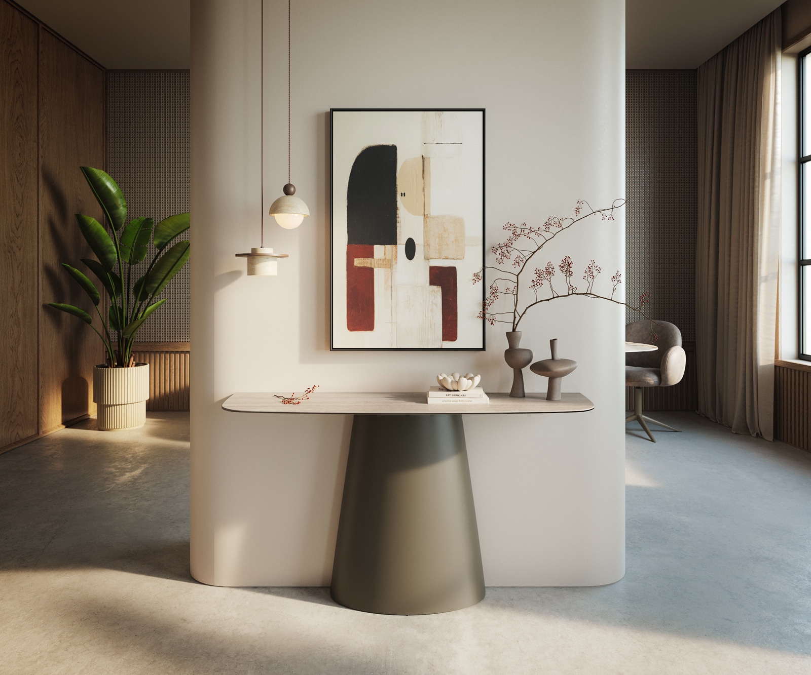 Console Edge forme bateau 140x40 cm Céramique Laminam® Travertino Bianco Creme-Weiß Conos Métal Effektfinish Titan Console Edge forme bateau 140x40 cm Céramique Laminam® Travertino Bianco Creme-Weiß Conos Métal Effektfinish Titan