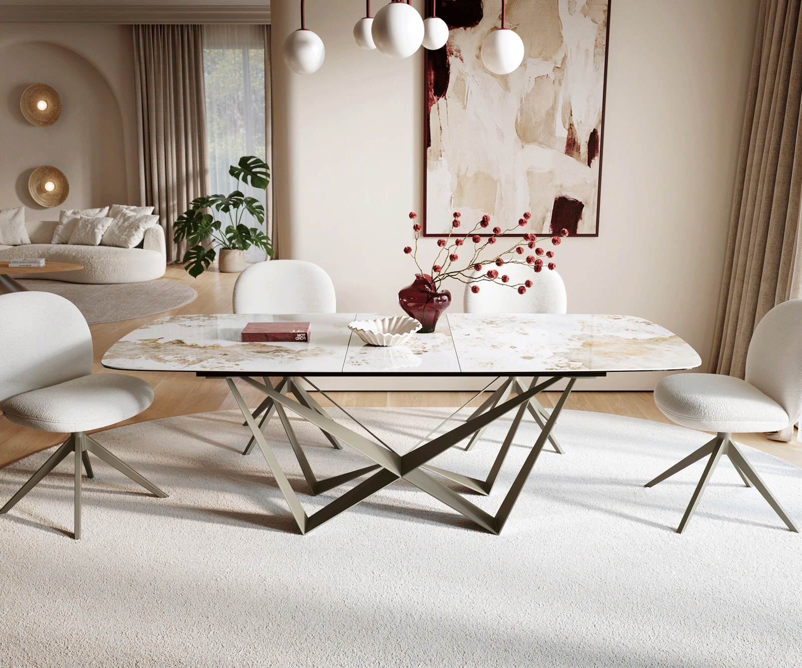 Esstisch Edge Boot 180-220x100 cm Keramik Minas Melange Weiß-Beige Spider Metall Effektfinish Titan ausziehbar 2
