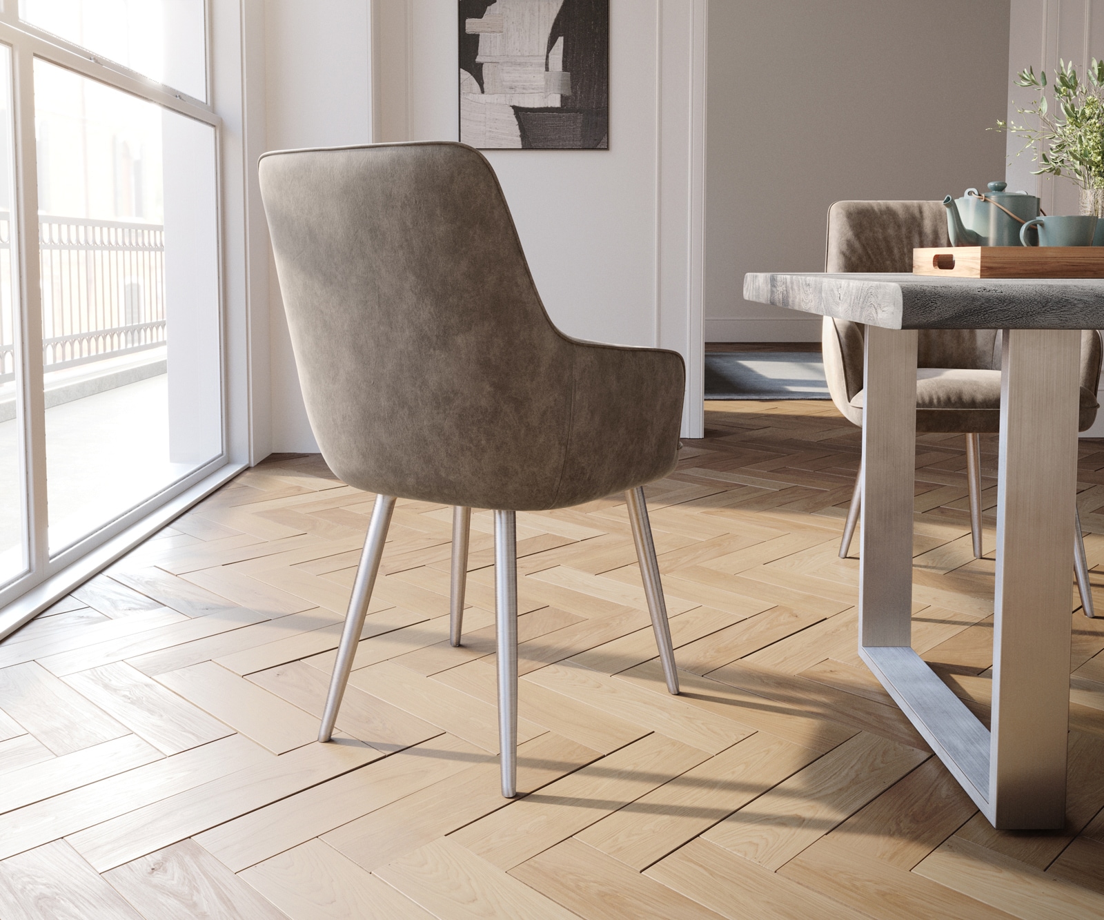 Esszimmerstuhl Zelia-Flex mit Armlehnen Mikrofaser Taupe Vintage 4-Fuß konisch Edelstahl Taschenfederkern 5