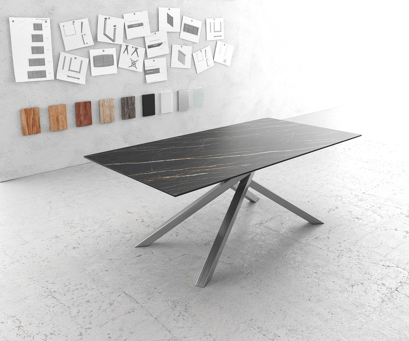 Esstisch Edge 200x100cm Keramik Laminam®Noir Desir Braun Kreuzgestell Rechteck Edelstahl 1