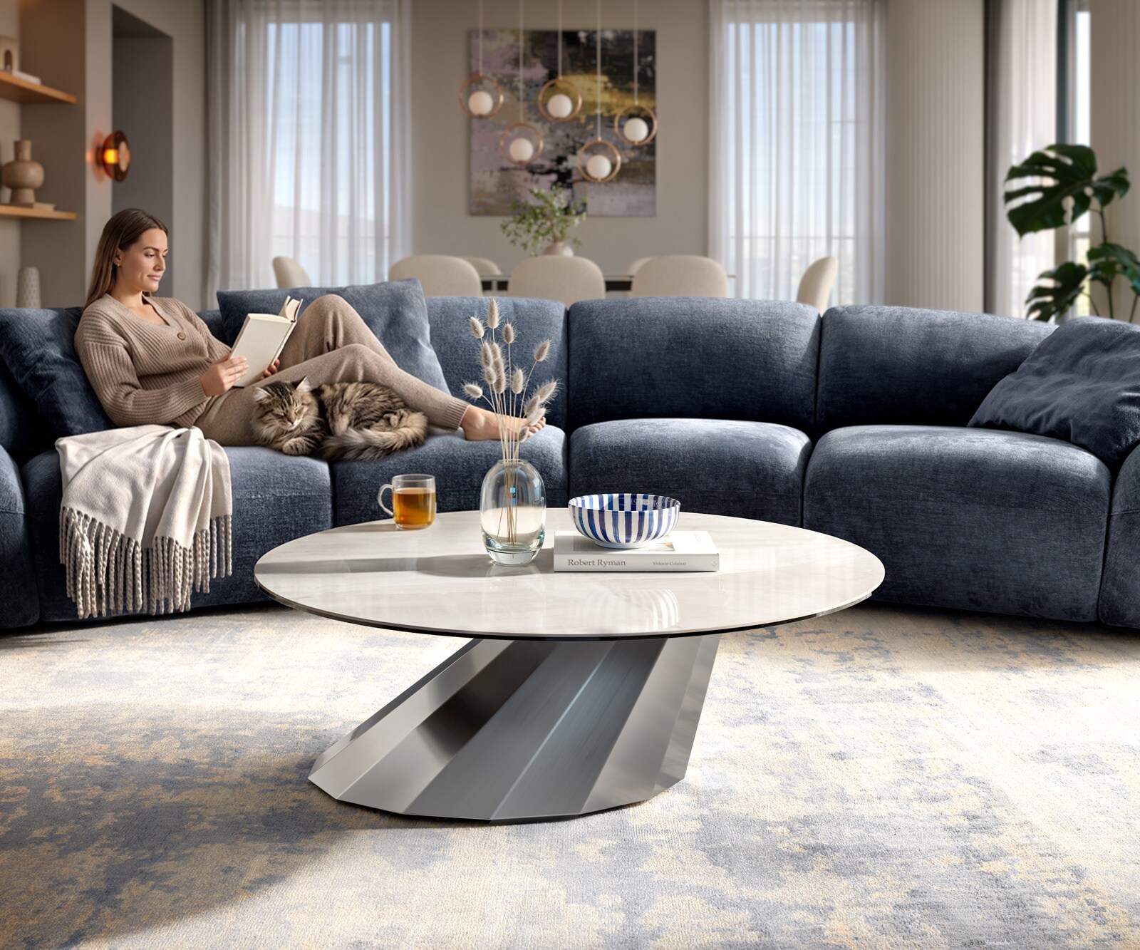 Couchtisch Edge Rund 100x100 cm Keramik Onyx Champagne Parabi Edelstahl gebürstet 2