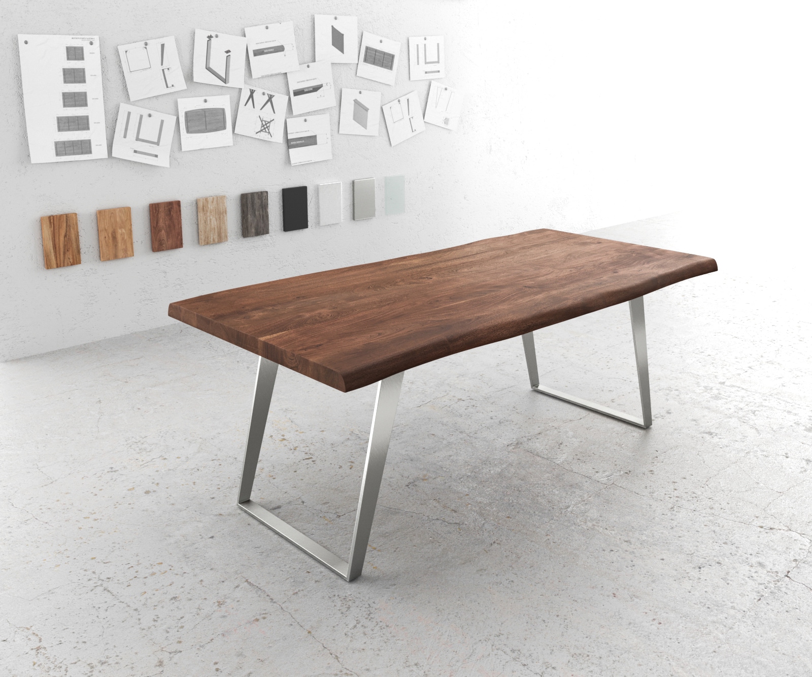 Esstisch Edge 200x100 XL Akazie Braun Edelstahl Schräg Live-Edge Esstisch Edge 200x100 XL Akazie Braun Edelstahl Schräg Live-Edge