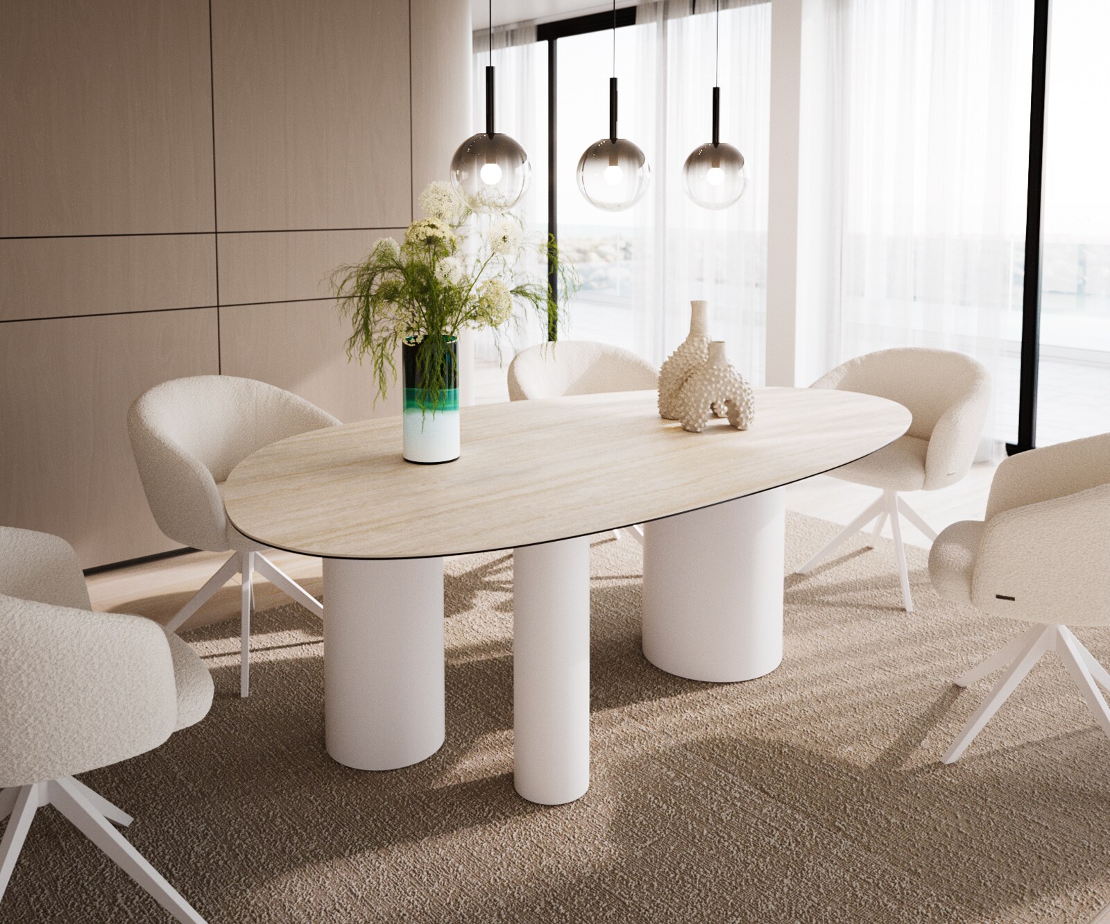 Esstisch Edge Oval 220x120 Keramik Laminam® Travertino Bianco Creme-Weiß Tr günstig online kaufen
