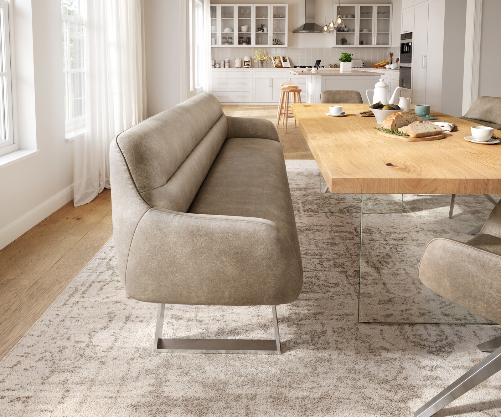 Esszimmerbank Taya-Flex 200 cm Mikrofaser Beige Vintage Kufengestell kantig Edelstahl Taschenfederkern 1