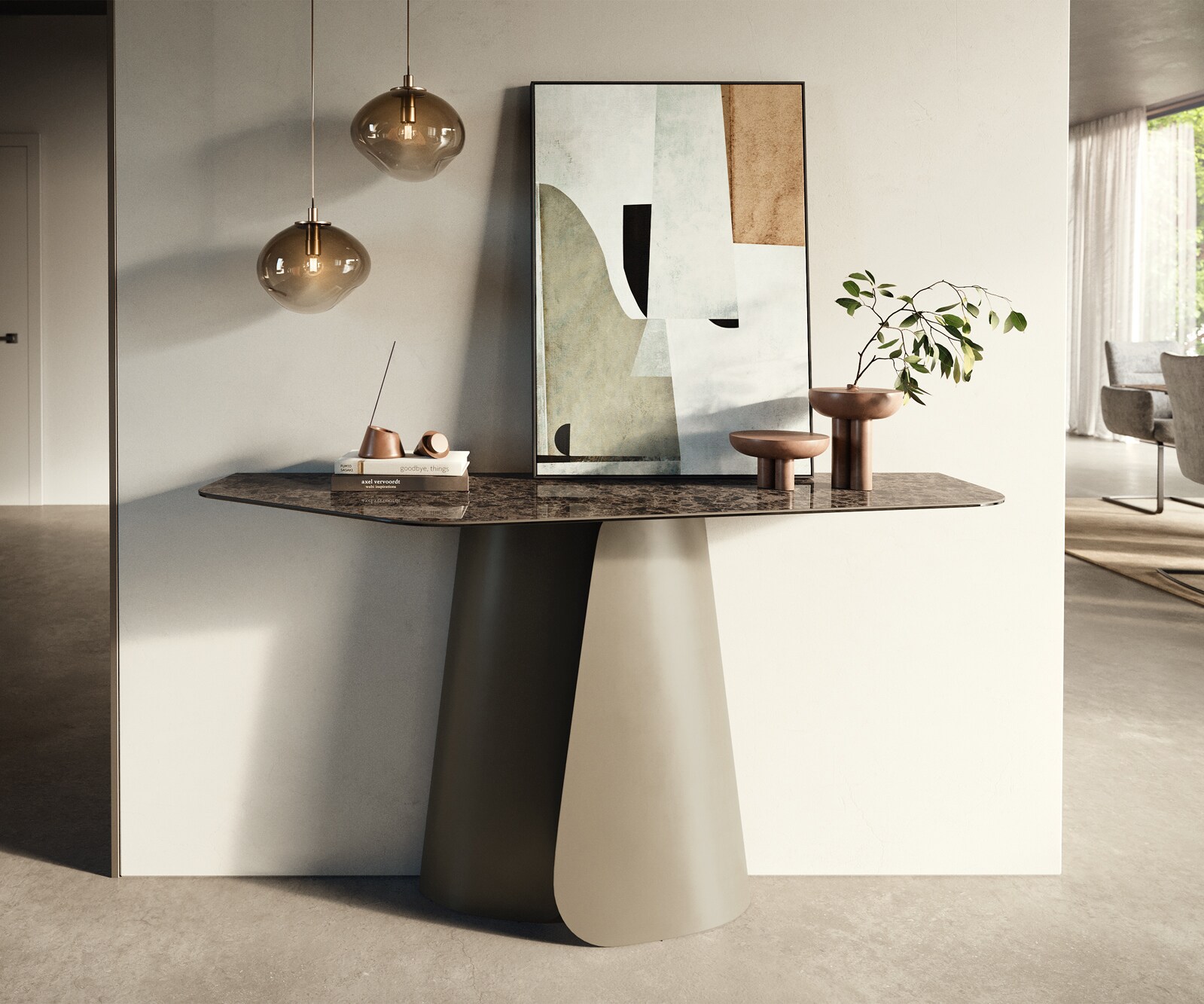 Konsolentisch Edge Polygonal 140x50 cm Keramik Emperador Extra Lucidato Dunkelbraun Livos Metall Effektfinish Titan