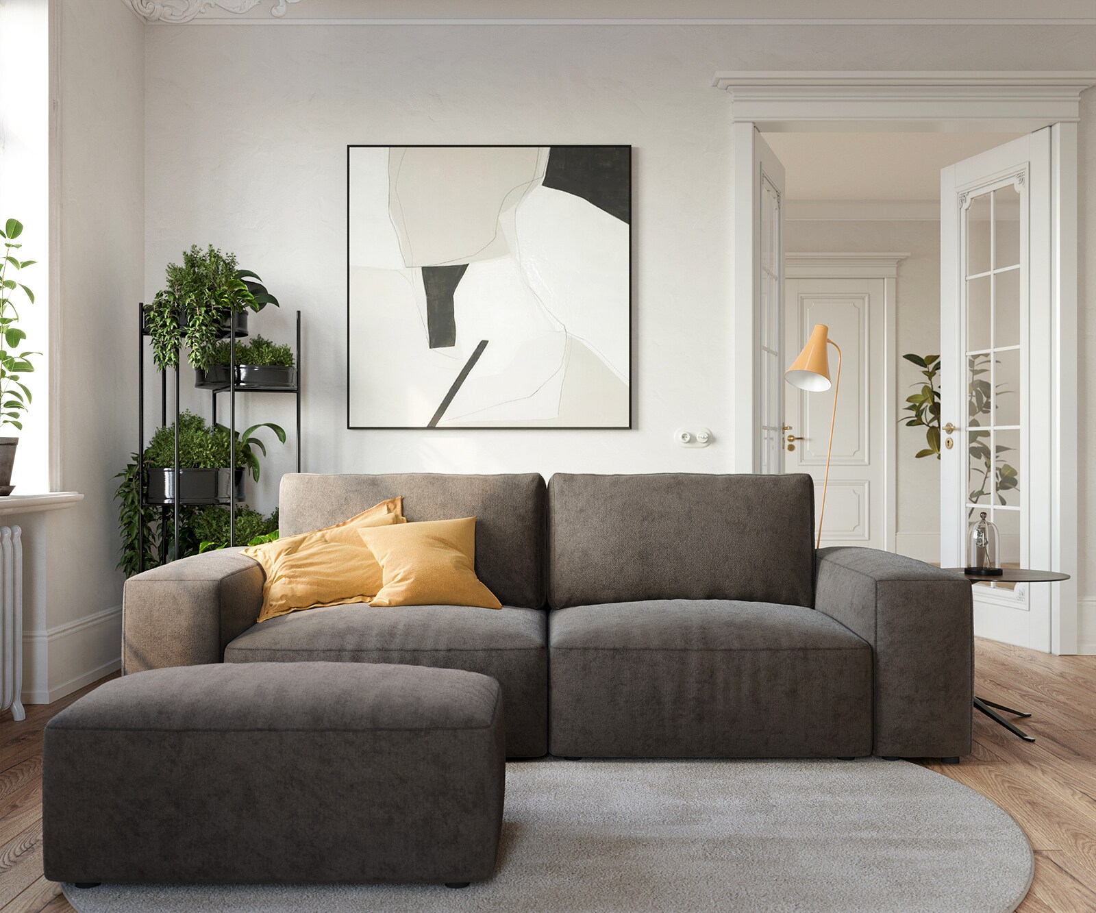 Big-Sofa Lanzo 230x95 cm Mikrofaser Khakibraun mit Hocker 1