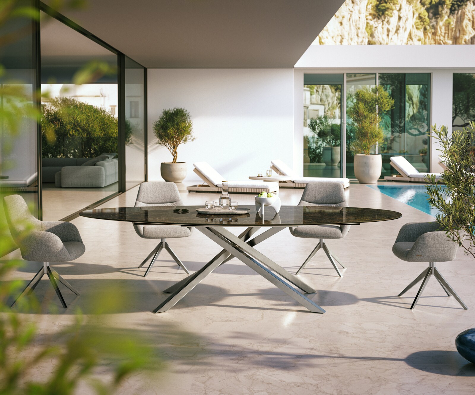 Outdoortisch Edge Oval 280x130 cm Keramik Emperador Extra Lucidato Dunkelbraun Kreuzgestell Rechteck Edelstahl 1