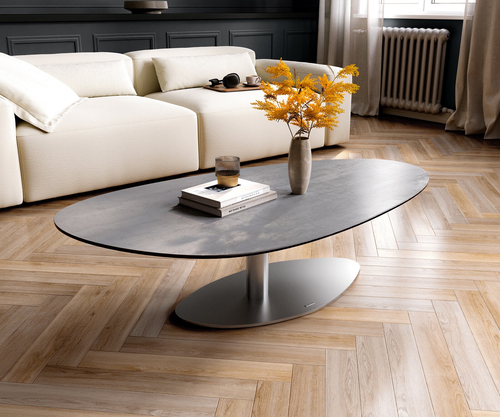 Couchtisch Edge Oval 140x75 cm Keramik Beton Grau Vibany Edelstahl gebürstet
