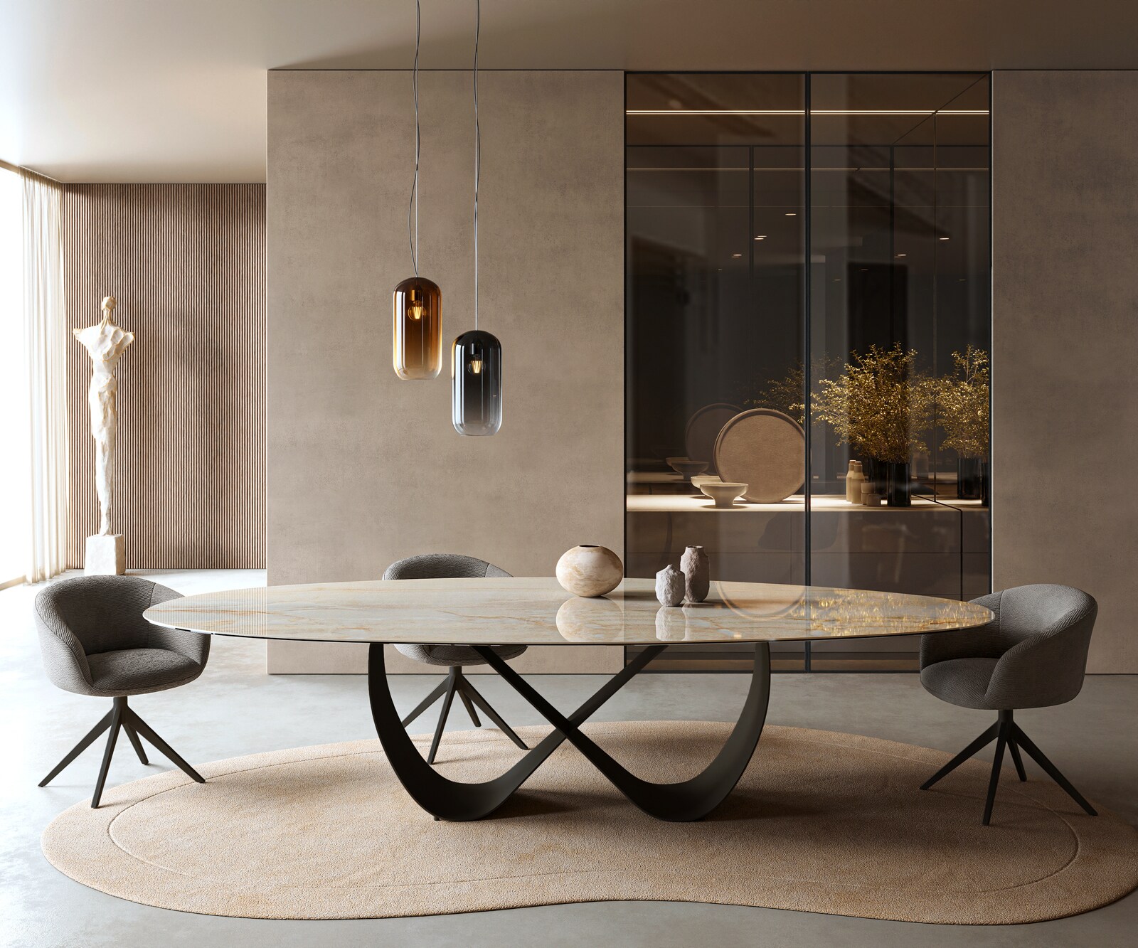 Esstisch Edge Oval 315x150 cm Keramik Iris FMG Onice Oro Infinity Metall Schwarz 1