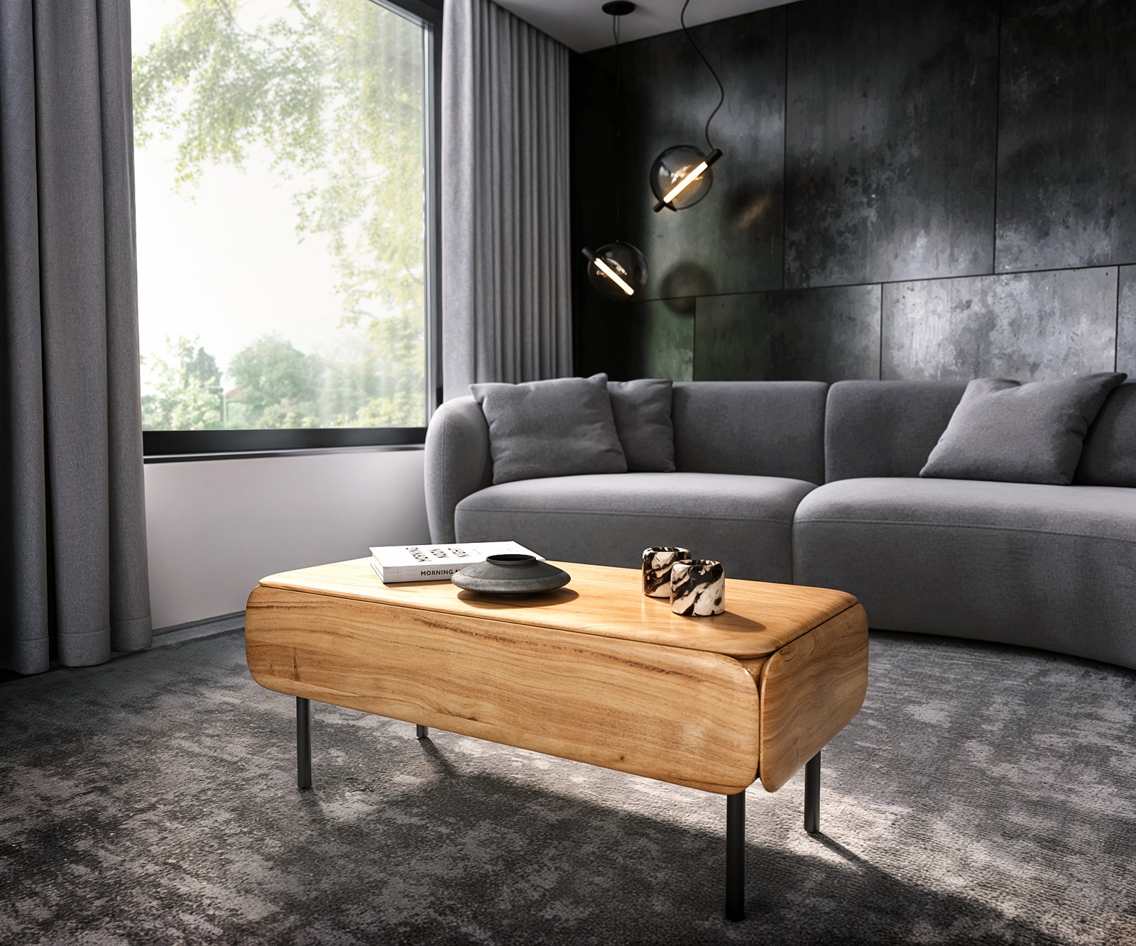 Couchtisch Shavani 100x50 cm Akazie Natur 1 Schublade Metall Schwarz