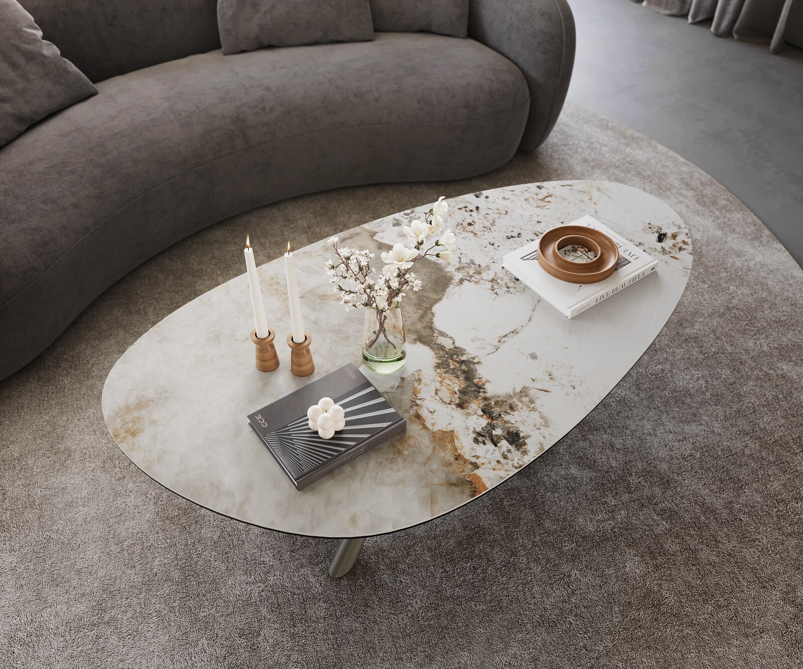 Couchtisch Edge Oval 140x75 cm Keramik Minas Melange Sarity Metall Effektfinish Titan 3