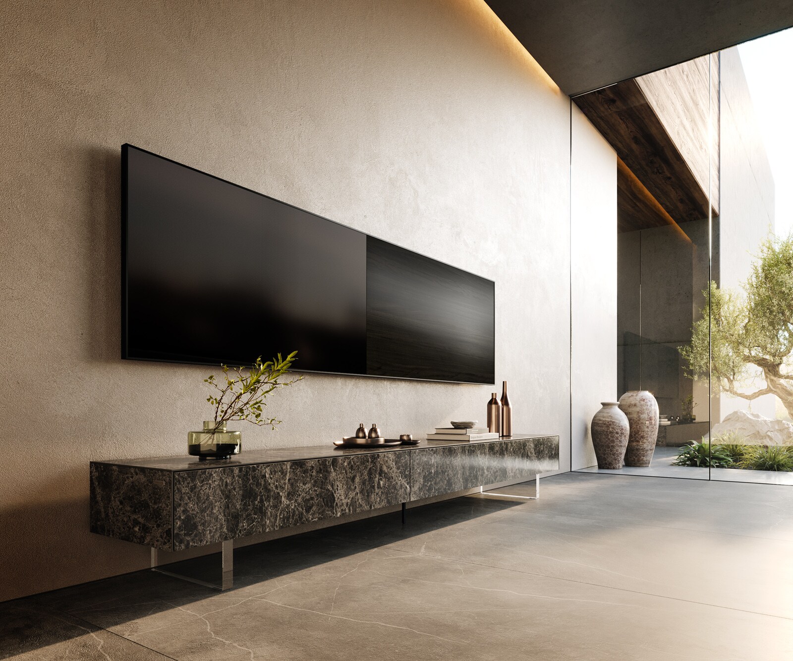 Lowboard Cuor 250 cm Keramik Laminam® Emperador Extra Lucidato Dunkelbraun 1 Klappe 1 Schubfach Fuß Schwebeoptik Acrylglas