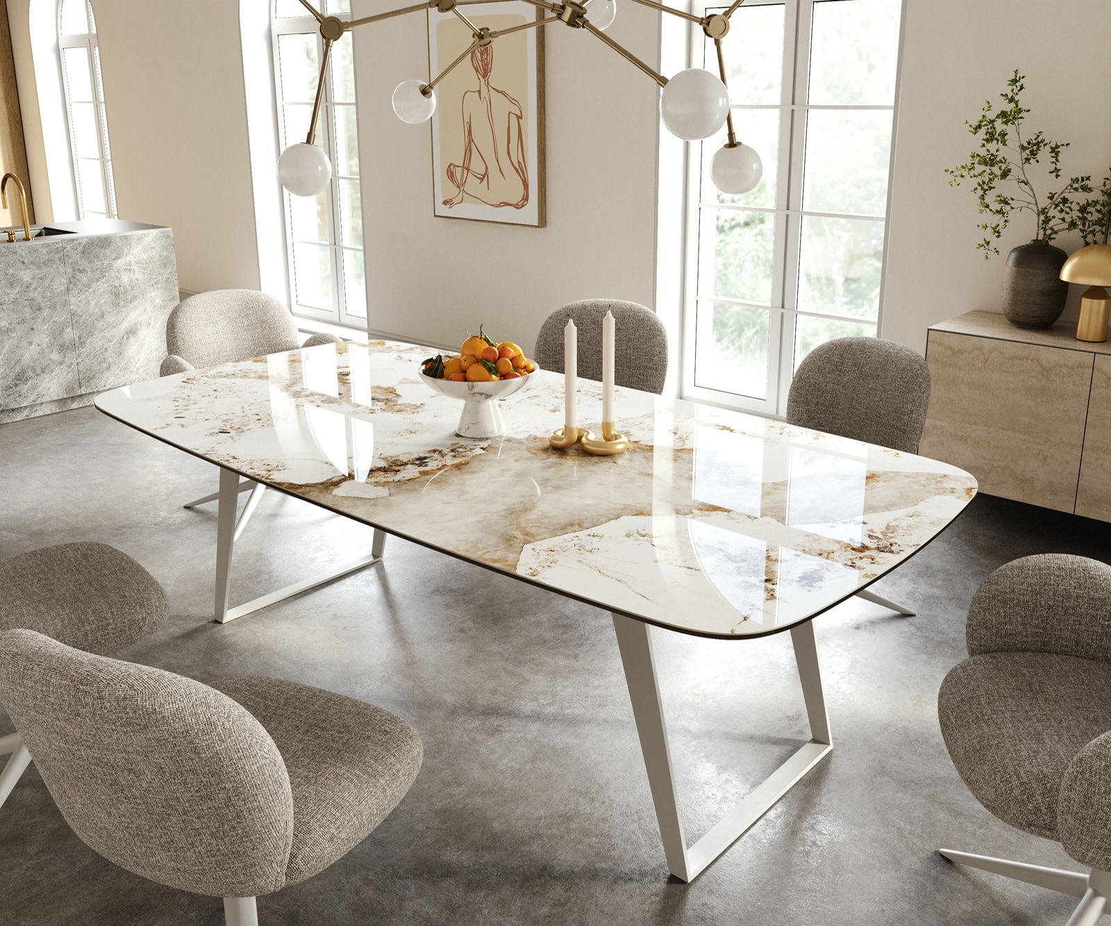 Esstisch Edge Boot 240x120 cm Keramik Minas Melange Weiß-Beige Metall Schräg Weiß
