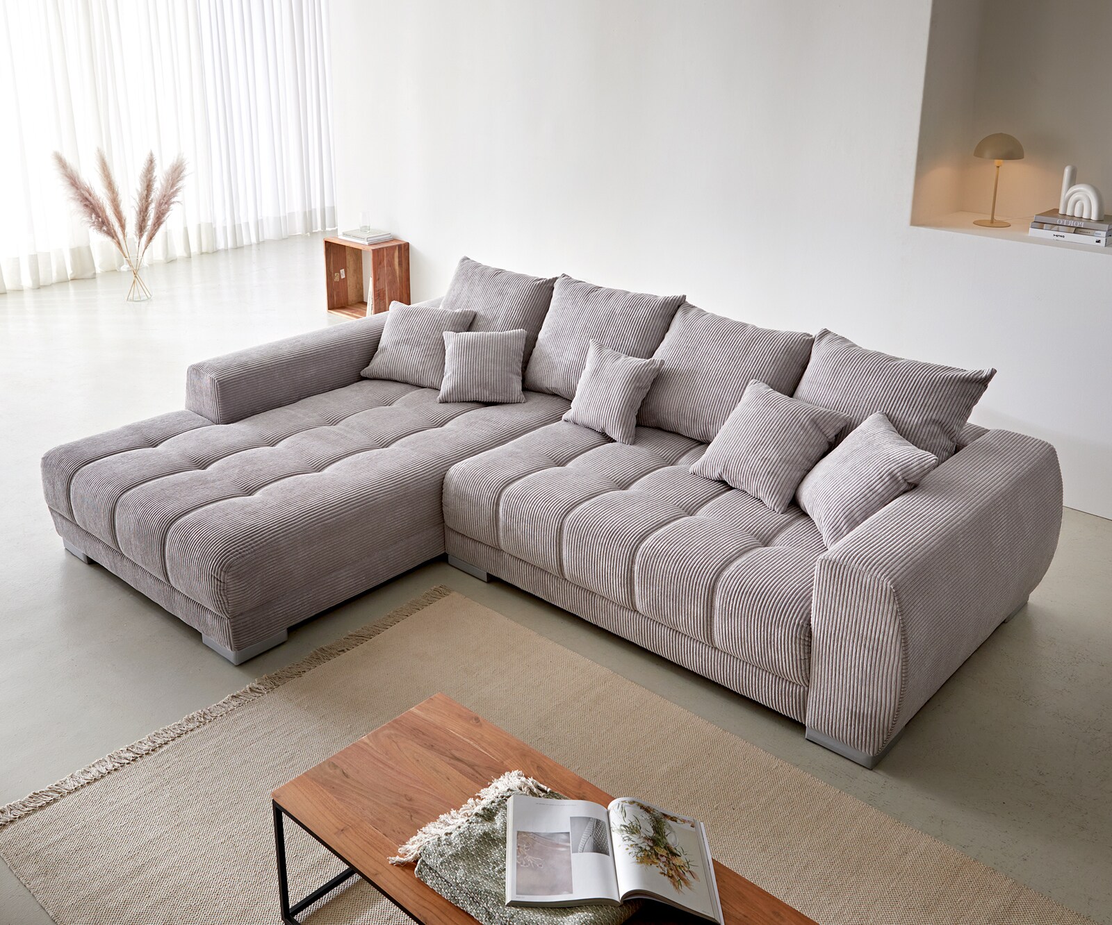 Ecksofa Josea 300x220 cm Cord Silbergrau Ottomane links 3