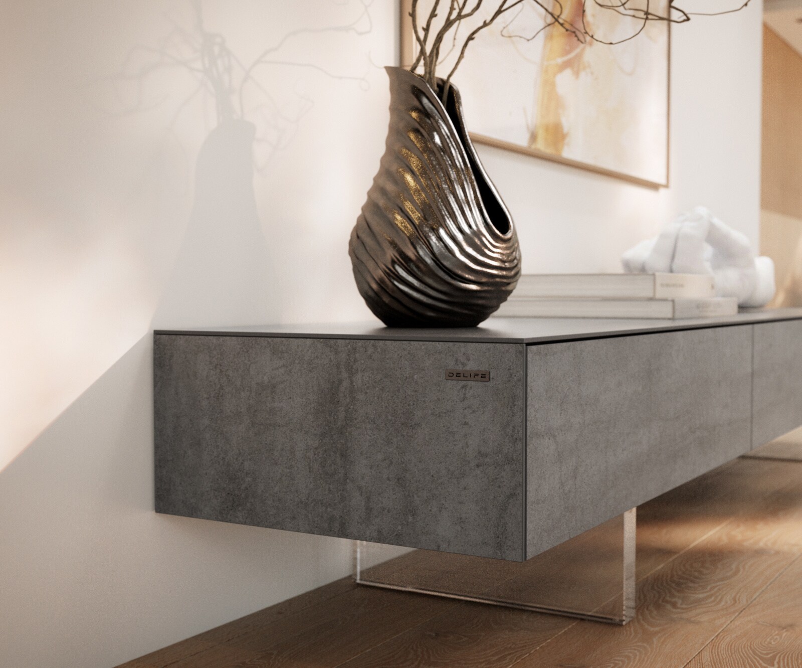 Lowboard Cuor 200 cm Keramik Beton Grau 1 Klappe 1 Schubfach Fuß Schwebeoptik Acrylglas 5