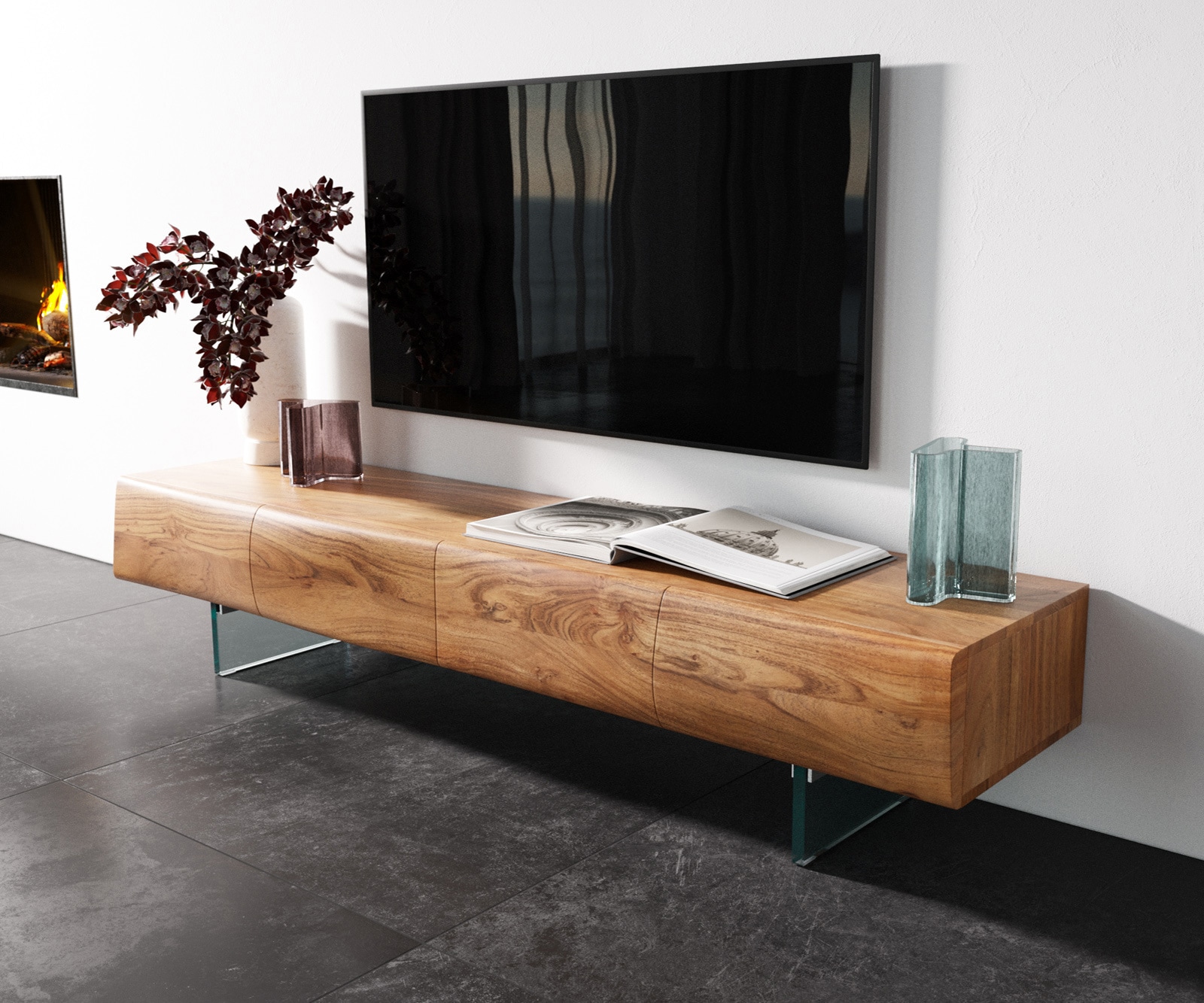 Lowboard New Live-Edge 175 cm Akazie Natur 4 Türen Glasfuß Lowboard New Live-Edge 175 cm Akazie Natur 4 Türen Glasfuß