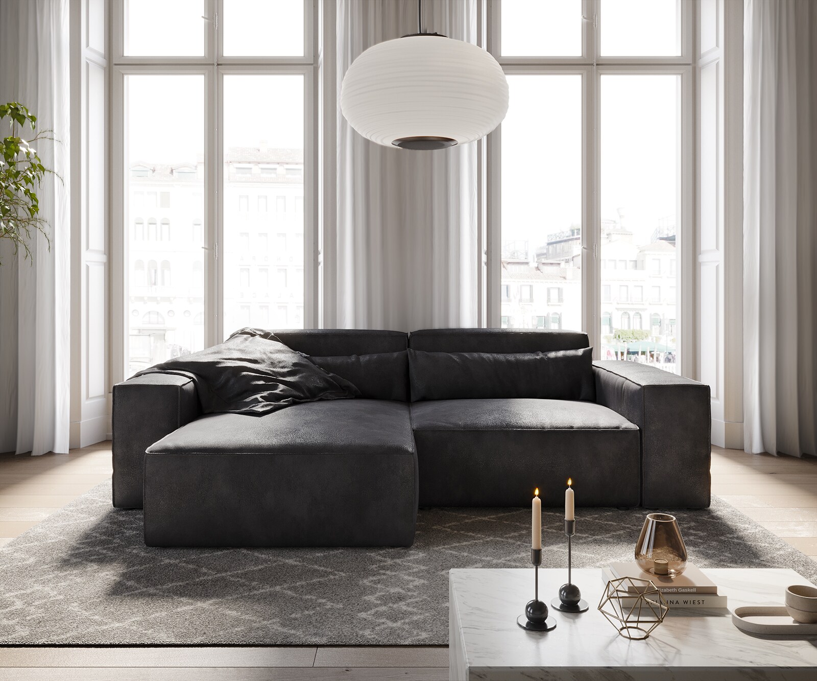 Ecksofa Sirpio 230x155 cm Lederimitat Vintage Anthrazit Recamiere variabel 1