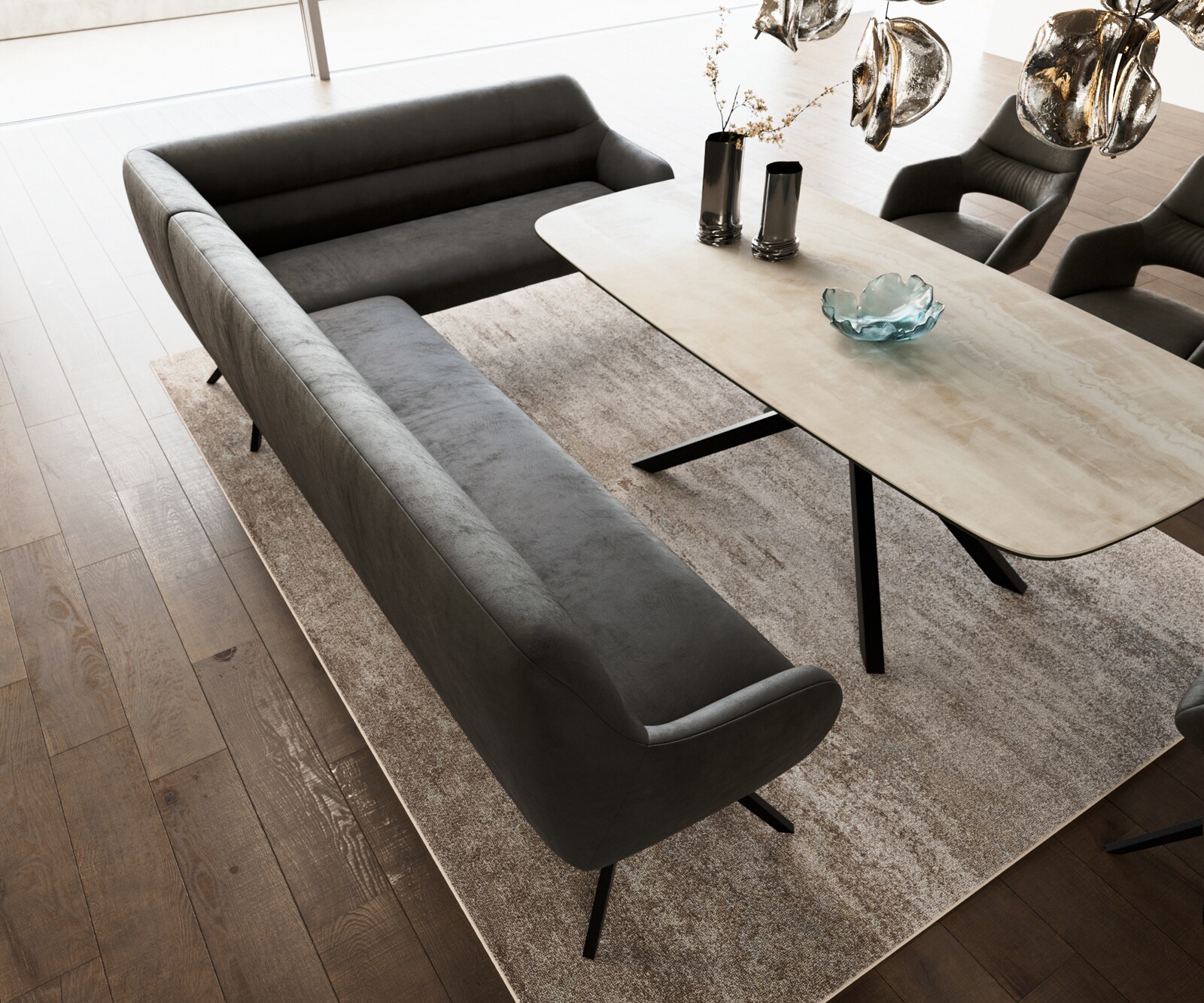 Esszimmerbank Taya-Flex 285x190 cm Mikrofaser Anthrazit Vintage Kreuzgestell kantig Schwarz Taschenfederkern Links 4