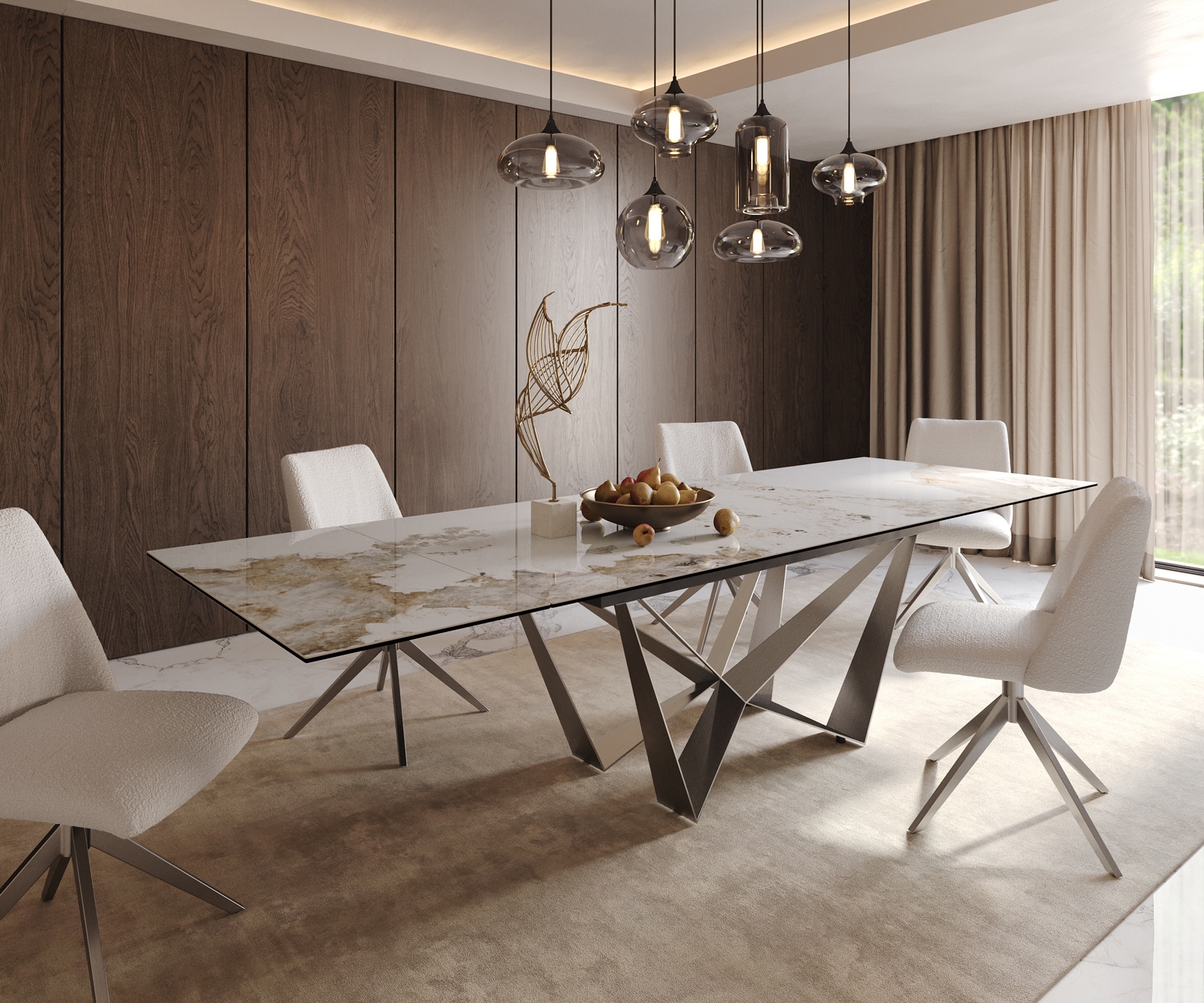 Esstisch Edge 200-300x100 Keramik Minas Melange Weiß-Beige Spider Flachstahl Edelstahl ausziehbar
