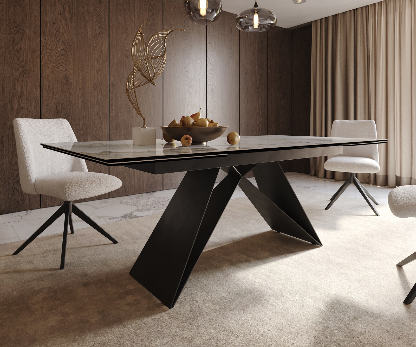 Esstisch Edge 200-300x100 Keramik Minas Melange Weiß-Beige V-Gestell Flachstahl Schwarz ausziehbar 6