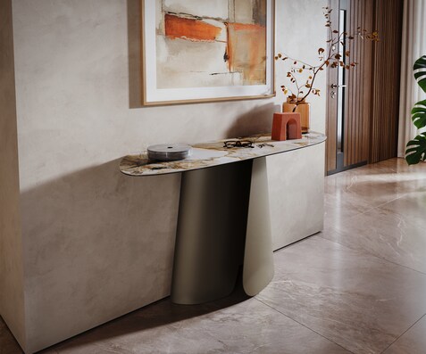 Konsolentisch Edge Organisch 140x40 cm Keramik Patagonia Poliert Livos Metall Effektfinish Titan