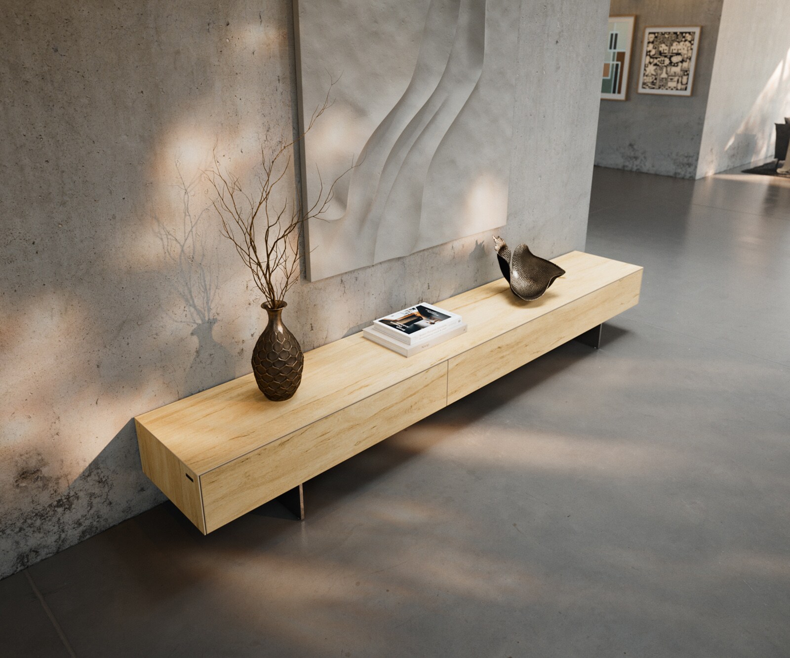 Lowboard Cuor 250 cm Keramik Laminam® Sabbia Eichefarbig 1 Klappe 1 Schubfach Fuß Schwebeoptik Edelstahl 4