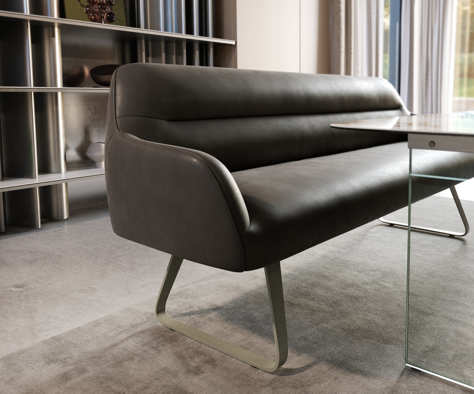 Esszimmerbank Taya-Flex 200 cm Mikrofaser Anthrazit Vintage Kufengestell flach Effektfinish Titan Taschenfederkern 4