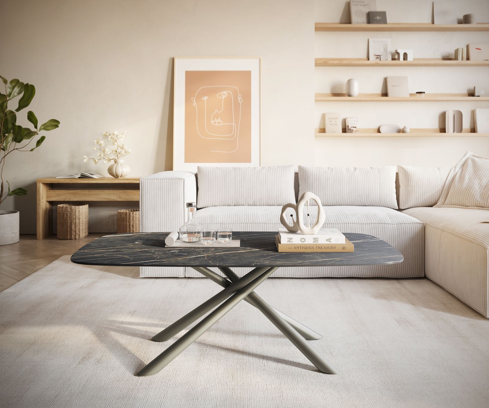 Couchtisch Edge Boot 120x70 cm Keramik Laminam® Noir Desir Braun Sarity Metall Effektfinish Titan 1