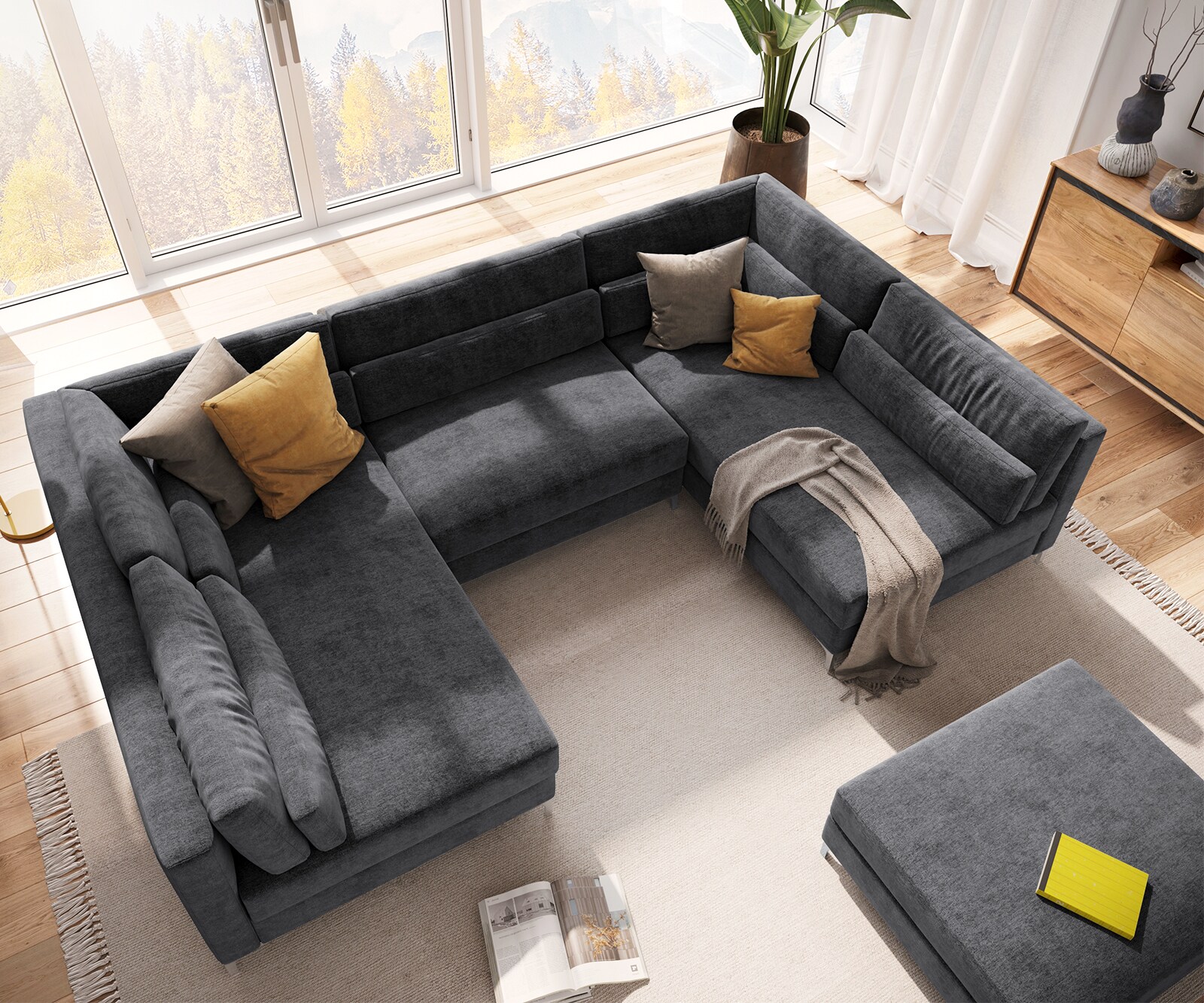 Wohnlandschaft Elio 300x185 cm Mikrofaser Graphite mit Hocker 3