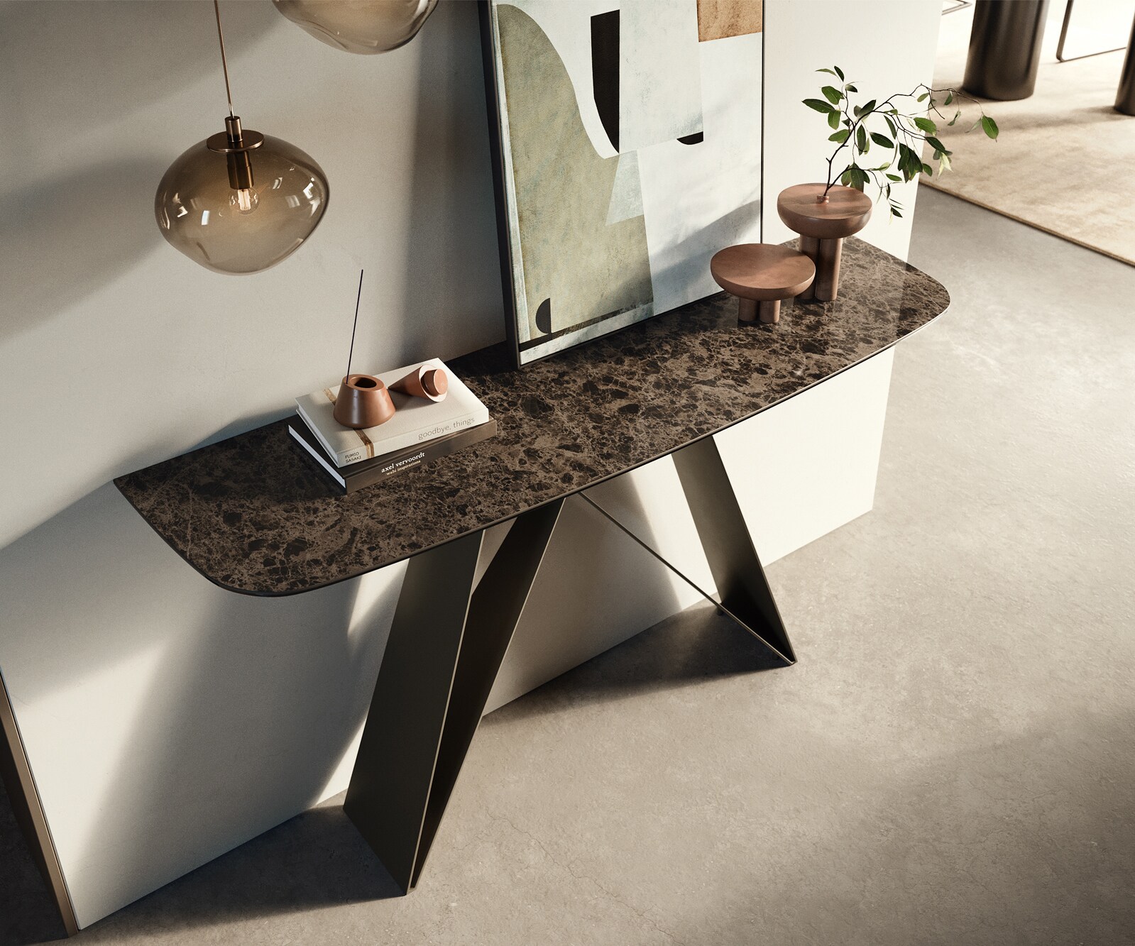 Konsolentisch Edge Boot 140x40 cm Keramik Emperador Extra Lucidato Dunkelbraun Velio Metall Effektfinish Titan 1