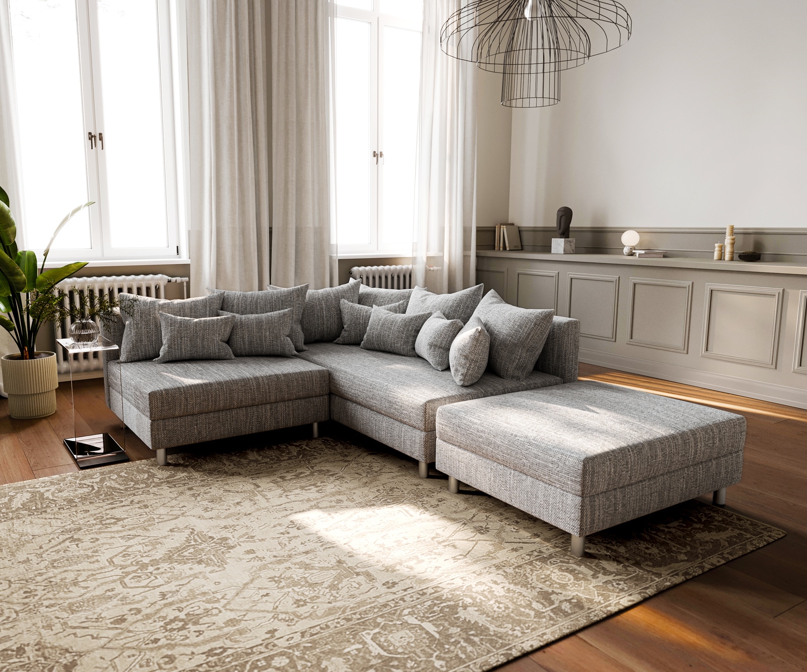 Ecksofa Clovis Hellgrau Strukturstoff Hocker Ottomane Rechts Modulsofa 1