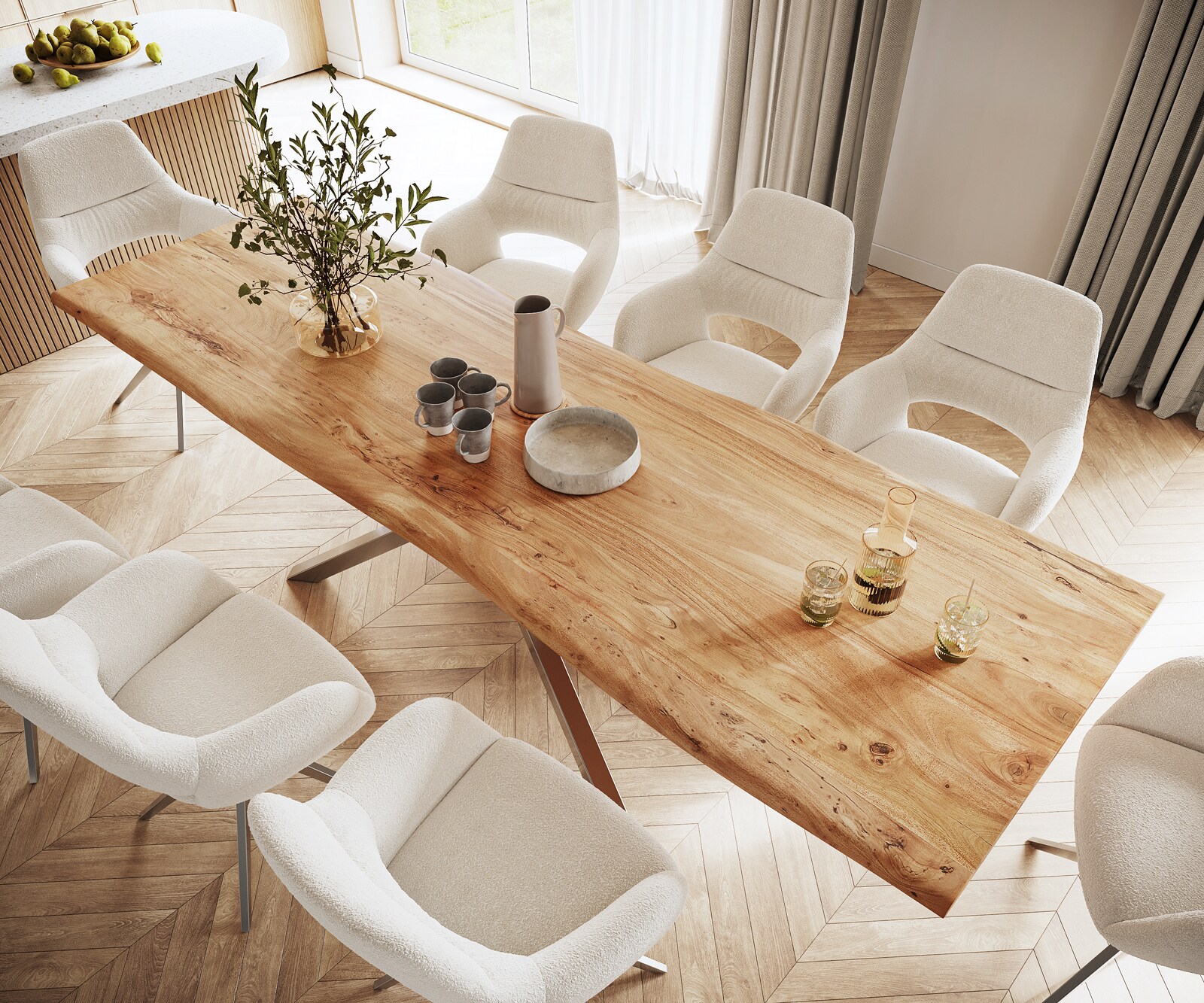 Esstisch Edge 280x100 XL Akazie Natur Kreuzgestell Rechteck Edelstahl Live-Edge 4