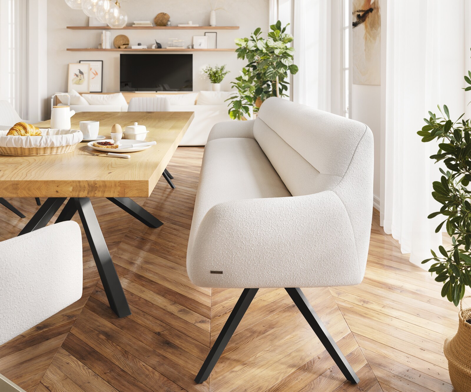 Esszimmerbank Taya-Flex 300 cm Bouclé Creme-Weiß Kreuzgestell kantig Schwarz Taschenfederkern 2