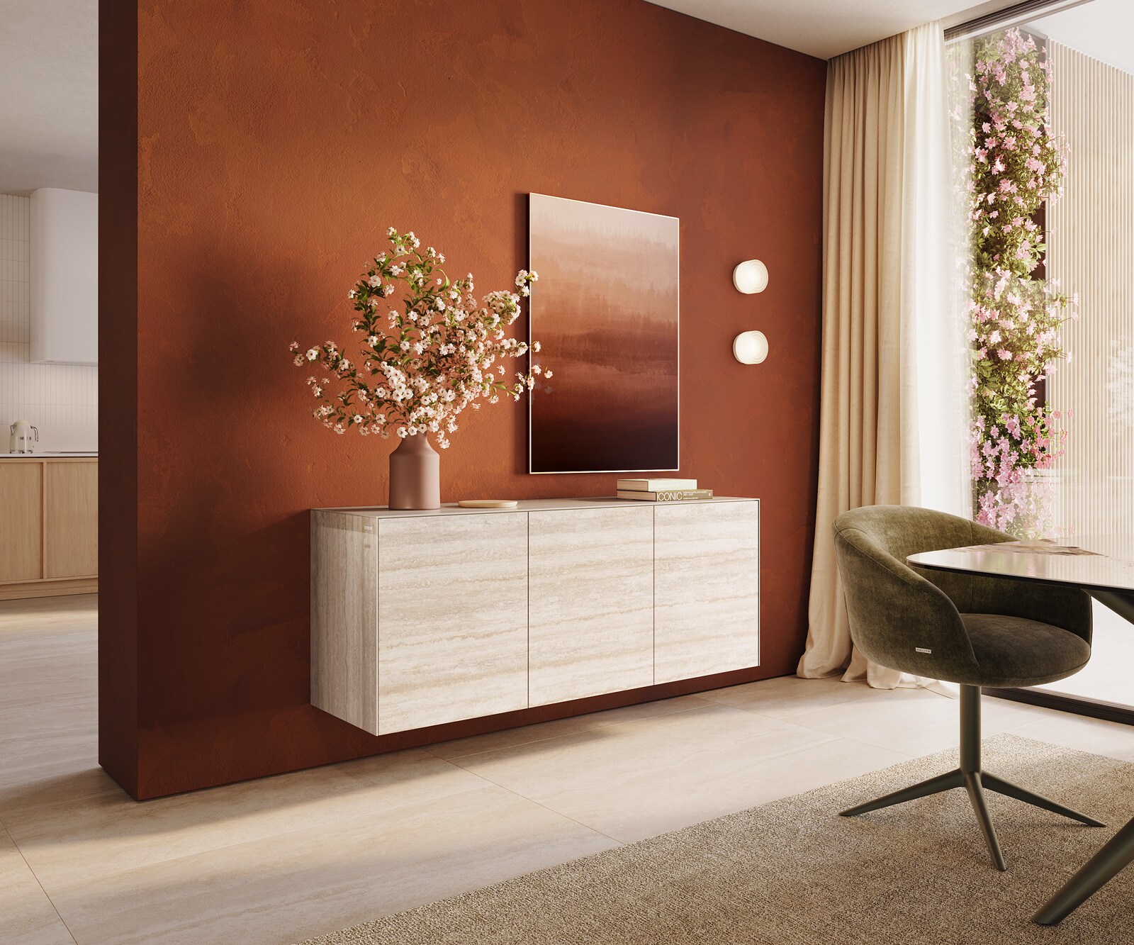 Sideboard Cuor 150 cm Keramik Laminam® Travertino Bianco Creme-Weiß 3 Türen Schwebend