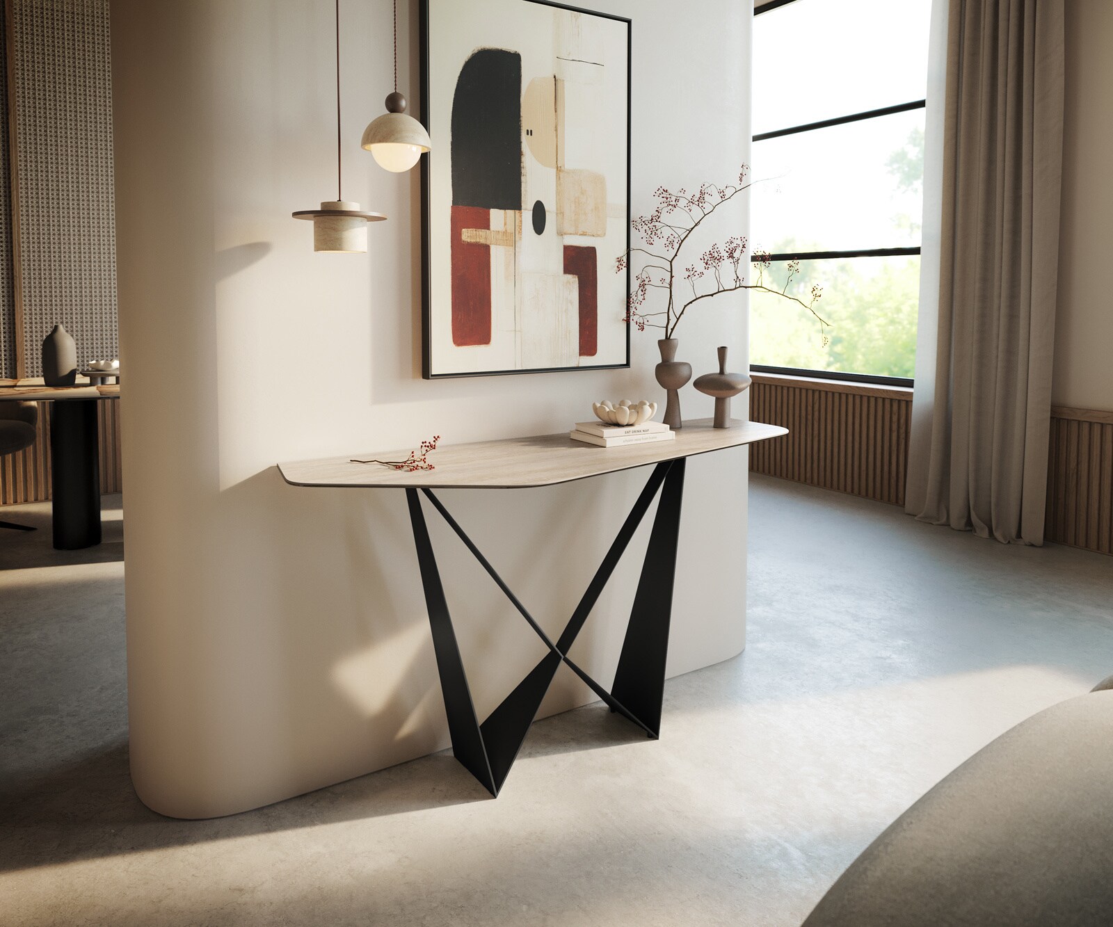DELIFE Konsolentisch Edge Polygonal 140x50 cm Keramik Laminam Travertino Bianco Creme-Weiß Spios Metall Schwarz, Konsolentische - B140 x T50 x H79 cm