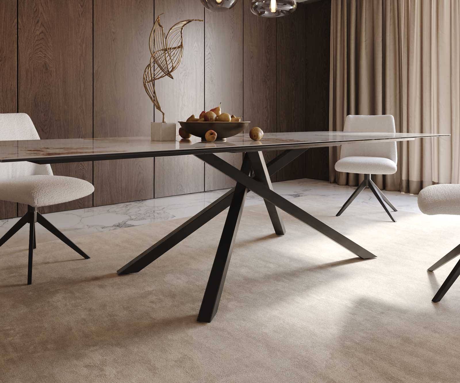 Esstisch Edge 300x100 Keramik Minas Melange Weiß-Beige Kreuzgestell Rechteck Schwarz 6