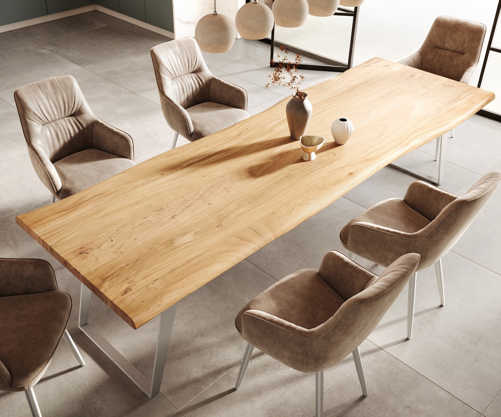 Esstisch Edge 300x100cm Akazie Natur Edelstahl Silber schräg Live-Edge 5