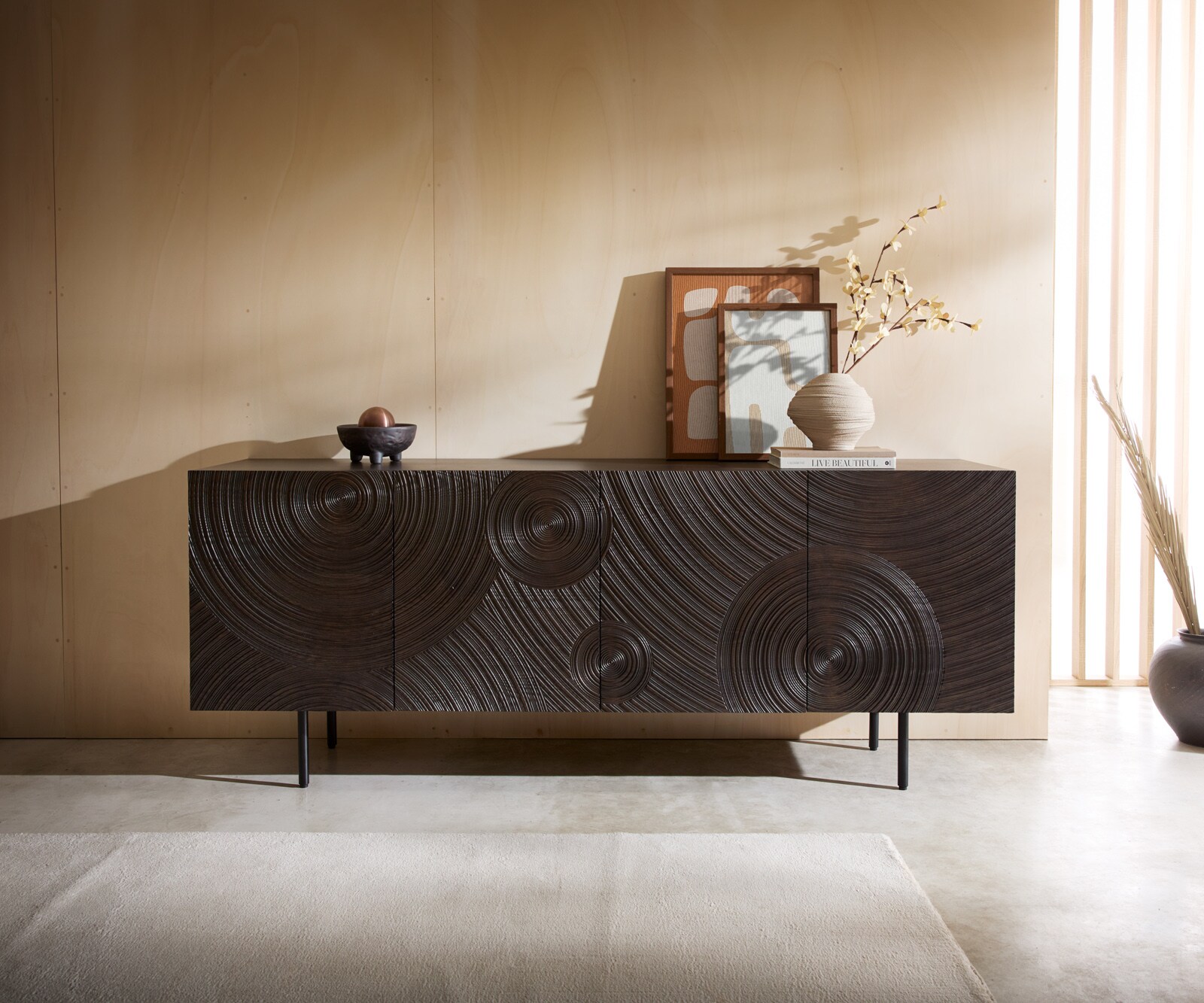 Sideboard Ashara 200 cm Esche Dunkelbraun 3D Effekt 4 Türen Rundfuß Metall Schwarz 1